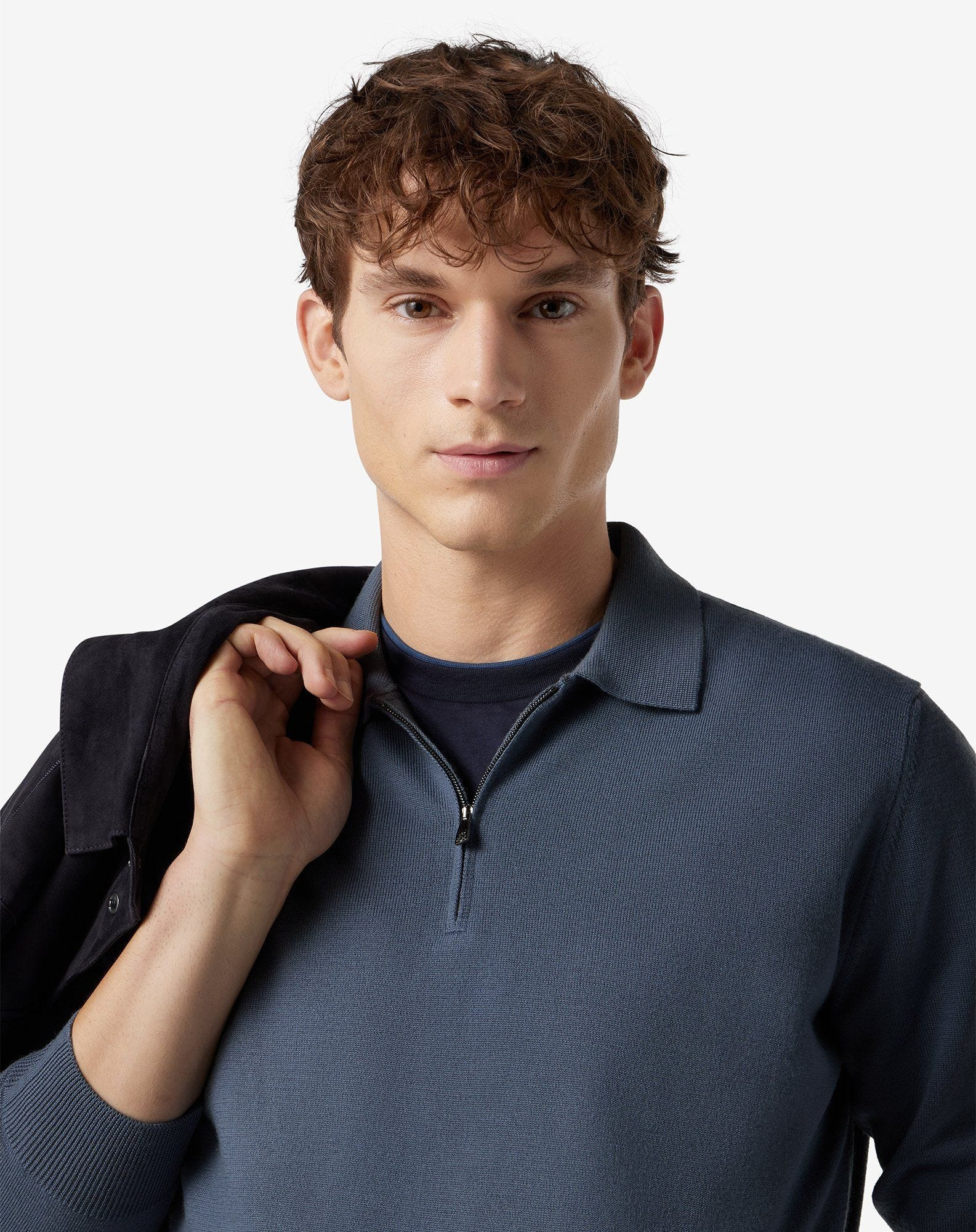Aviator blue zip-up extra fine wool polo shirt - 4