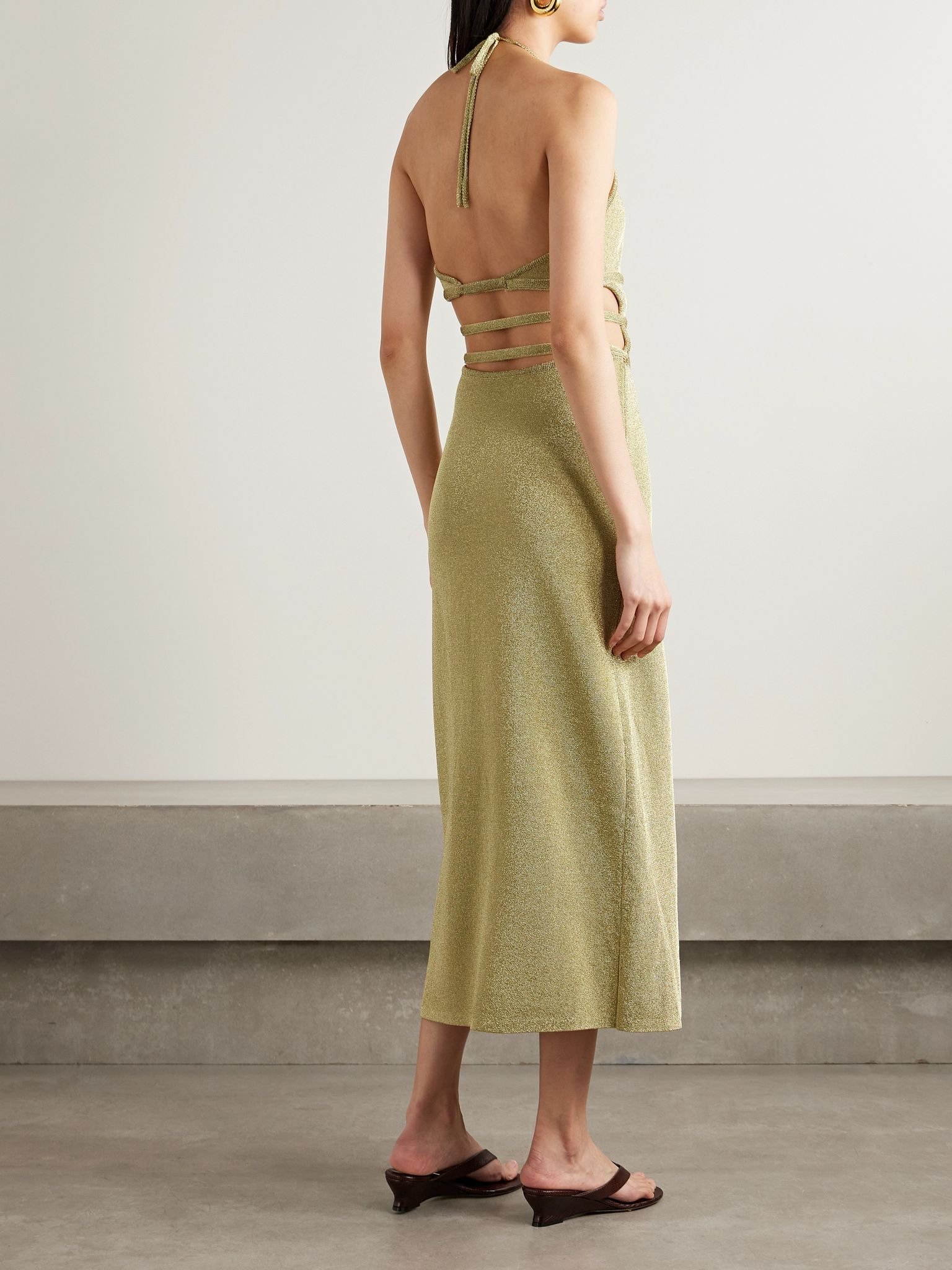 Evaleigh buckled metallic knitted halterneck midi dress Gold - 3