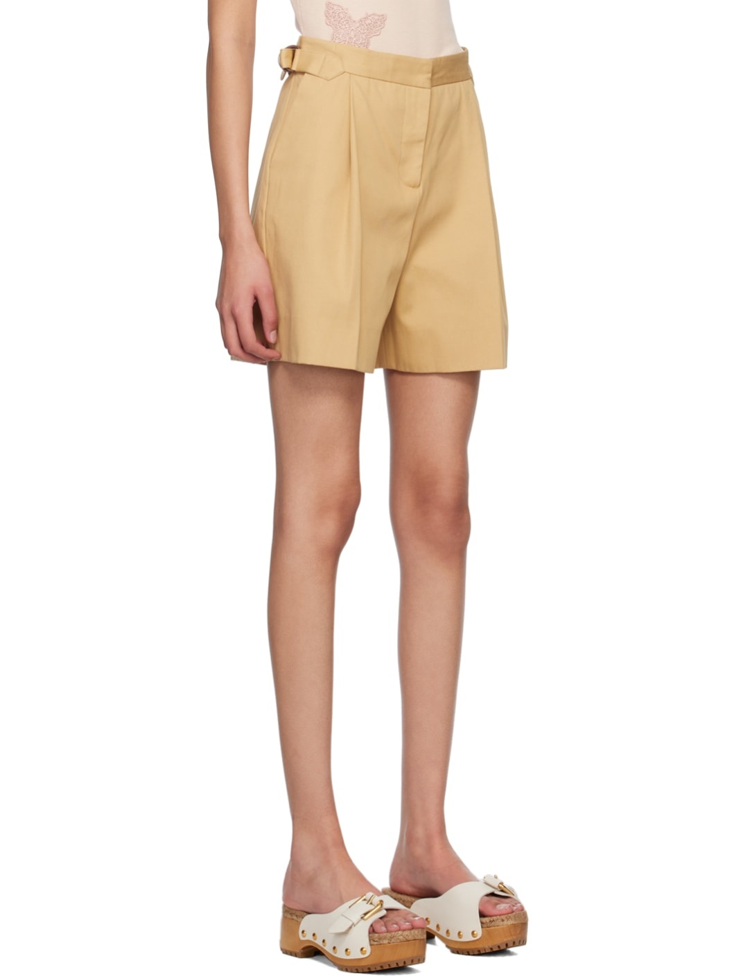 Beige Pleated Shorts - 2