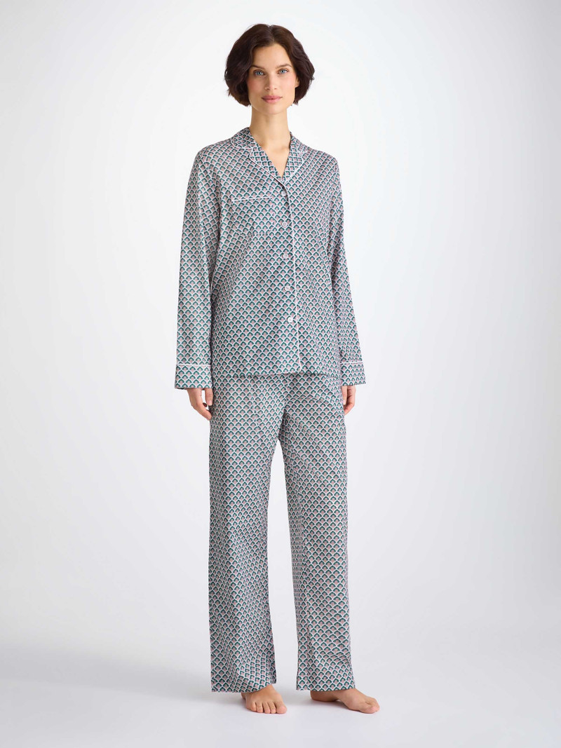 Derek Rose Women's Pajamas Cotton Batiste Jungle Green Scalloped Leaf Print outlook