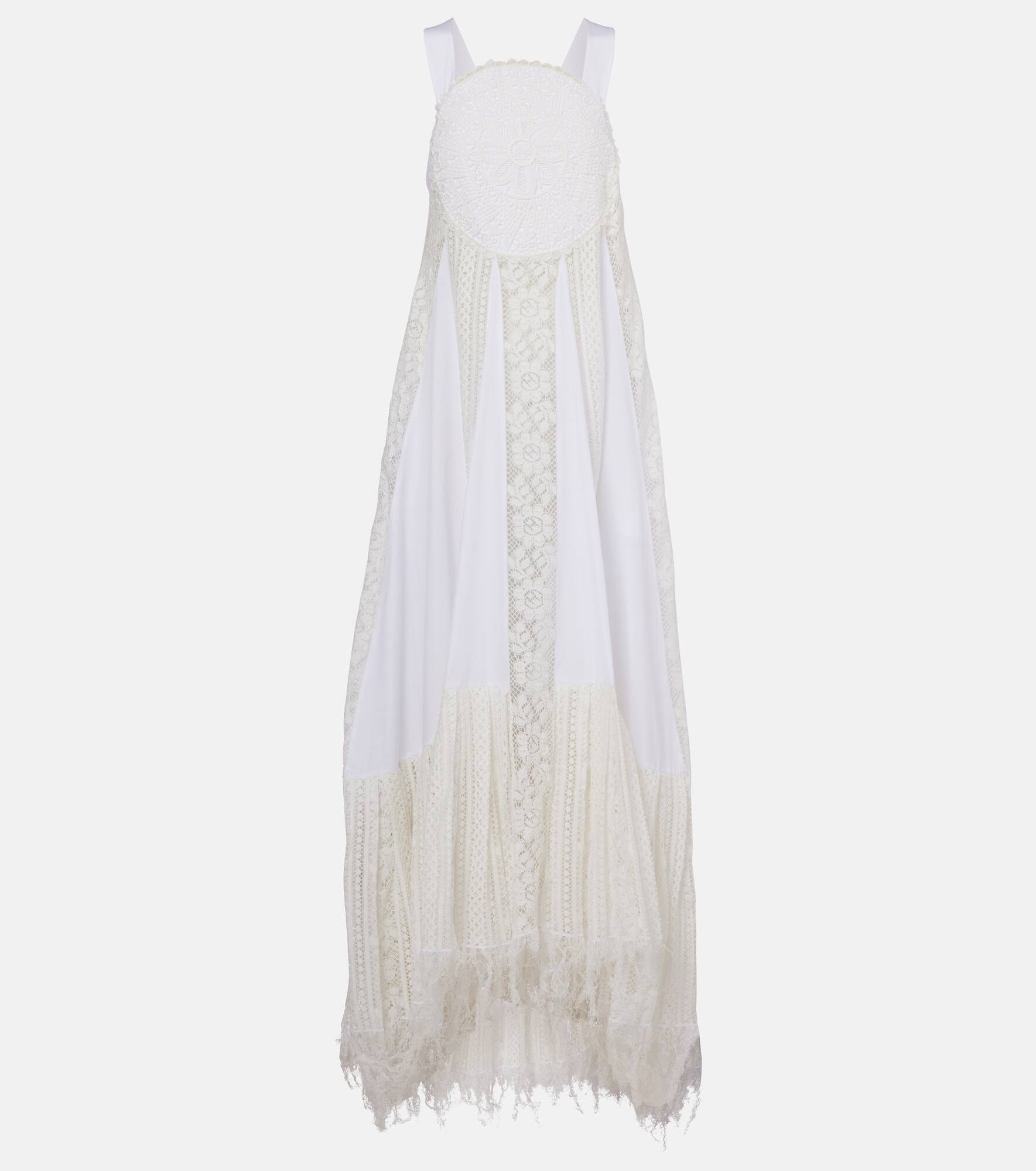 Asymmetric lace-trimmed cotton maxi dress - 1