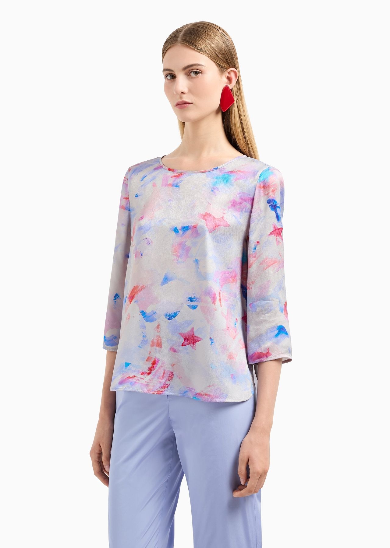 Blouse with three-quarter sleeves in satin crêpe with a watercolour-effect fancy print - 2