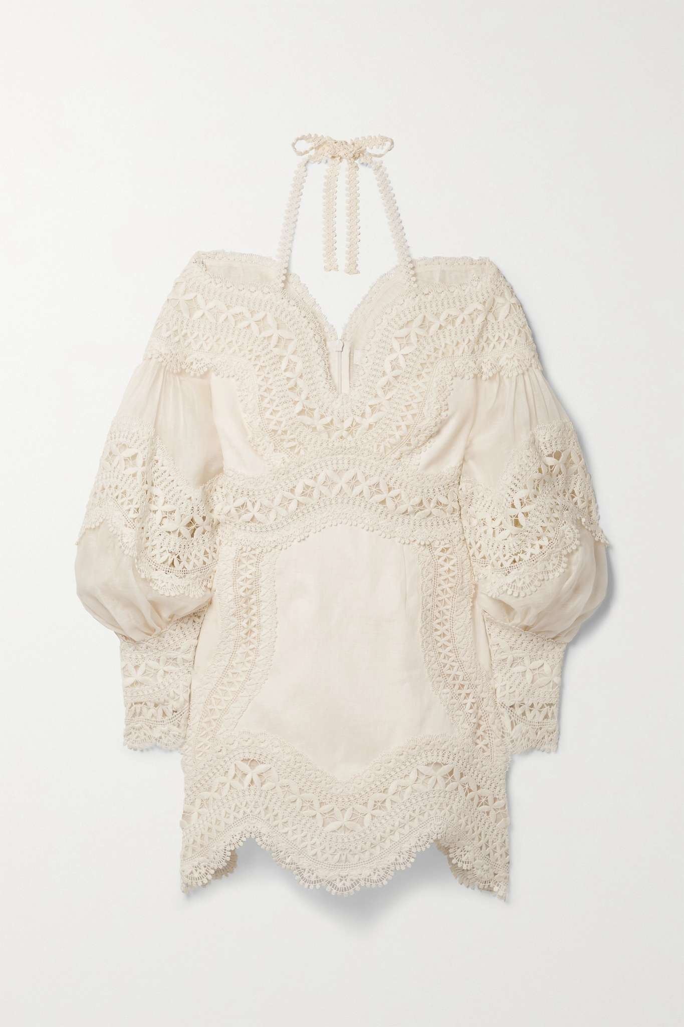 Postcard lace-trimmed linen and silk-blend halterneck mini dress - 1