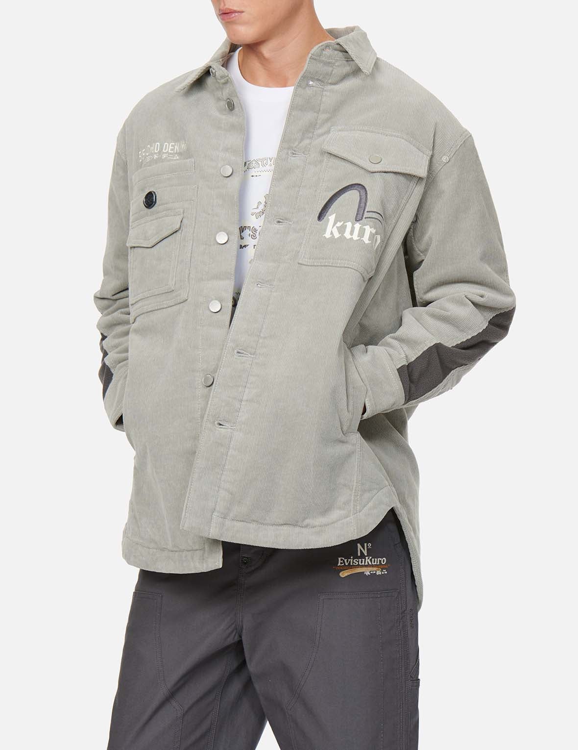 Logo Embroidered Corduroy Shirt Jacket with Sleeves Blocking - 4
