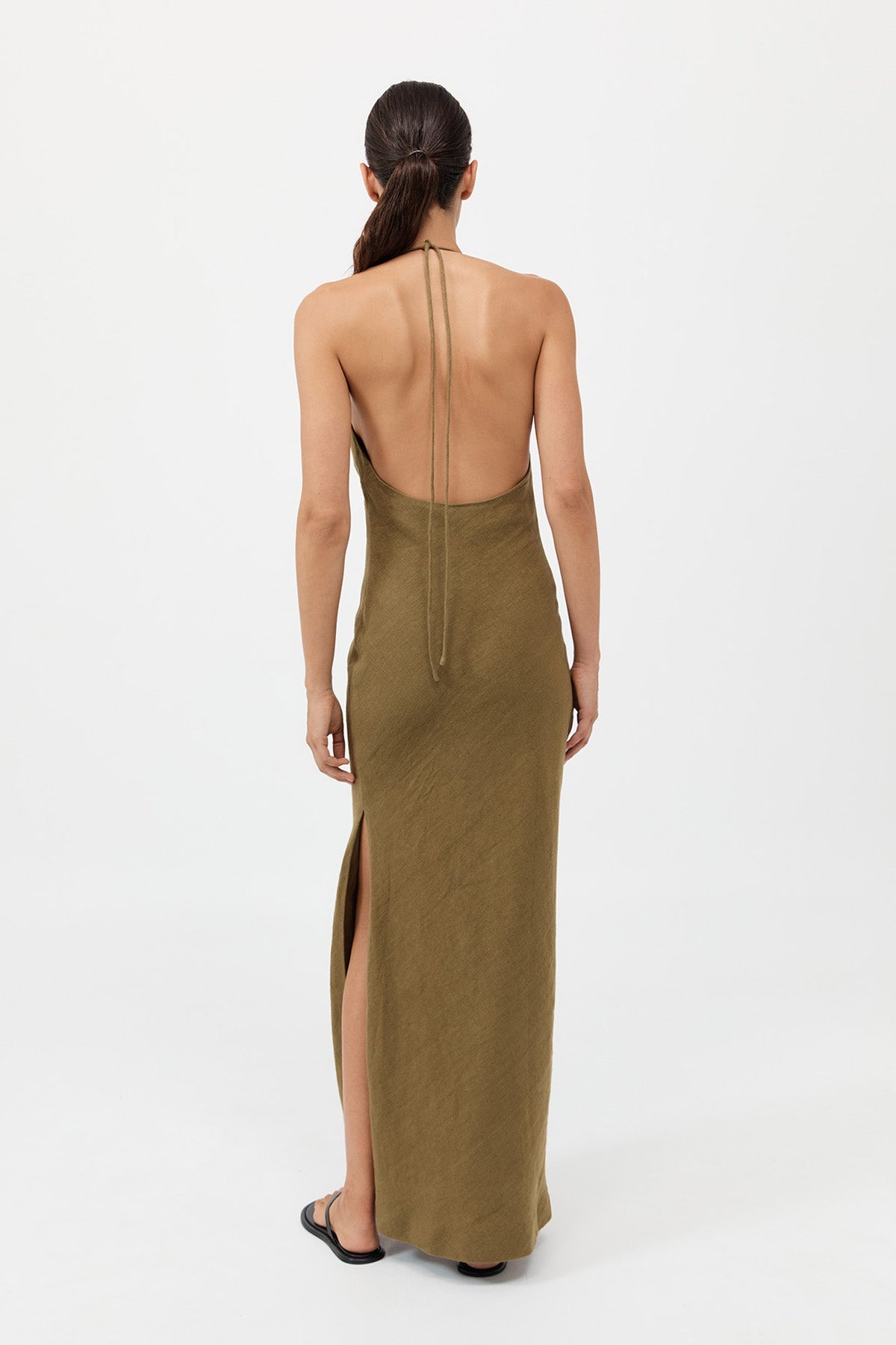 Linen Bias Halter Dress - Olive - 6