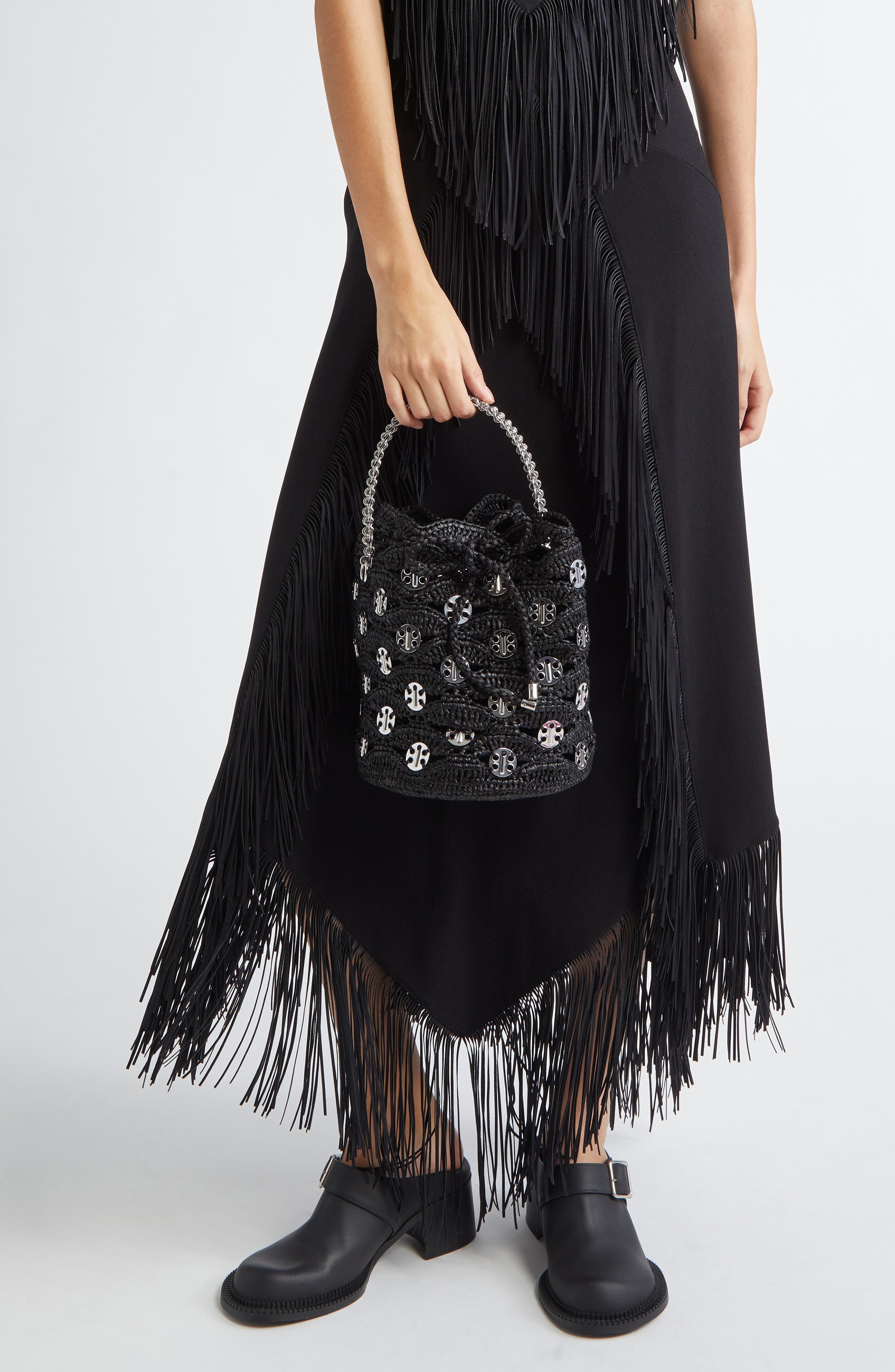 Rabanne Disc Raffia Bucket Bag in Black /Silver at Nordstrom - 2