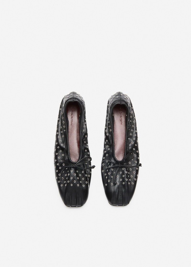 Gathered ballet flats in black studded leather 3