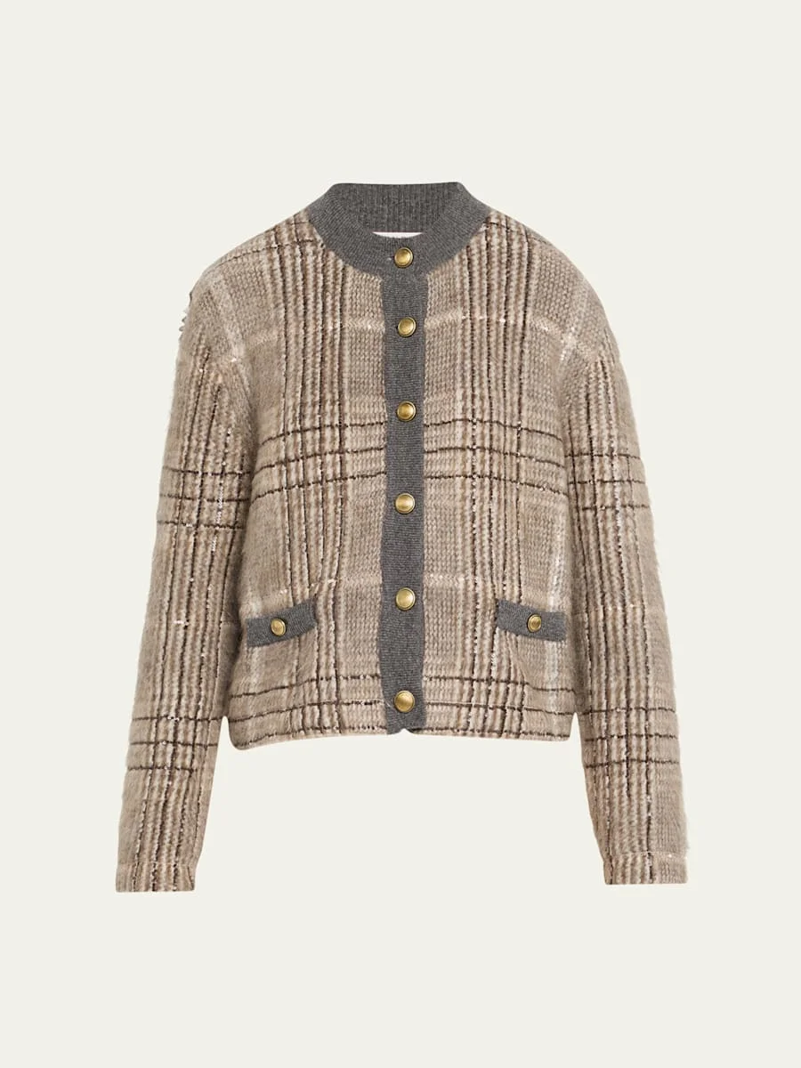 Cashmere-Mohair Paillette Check Jacquard Cardigan - 1