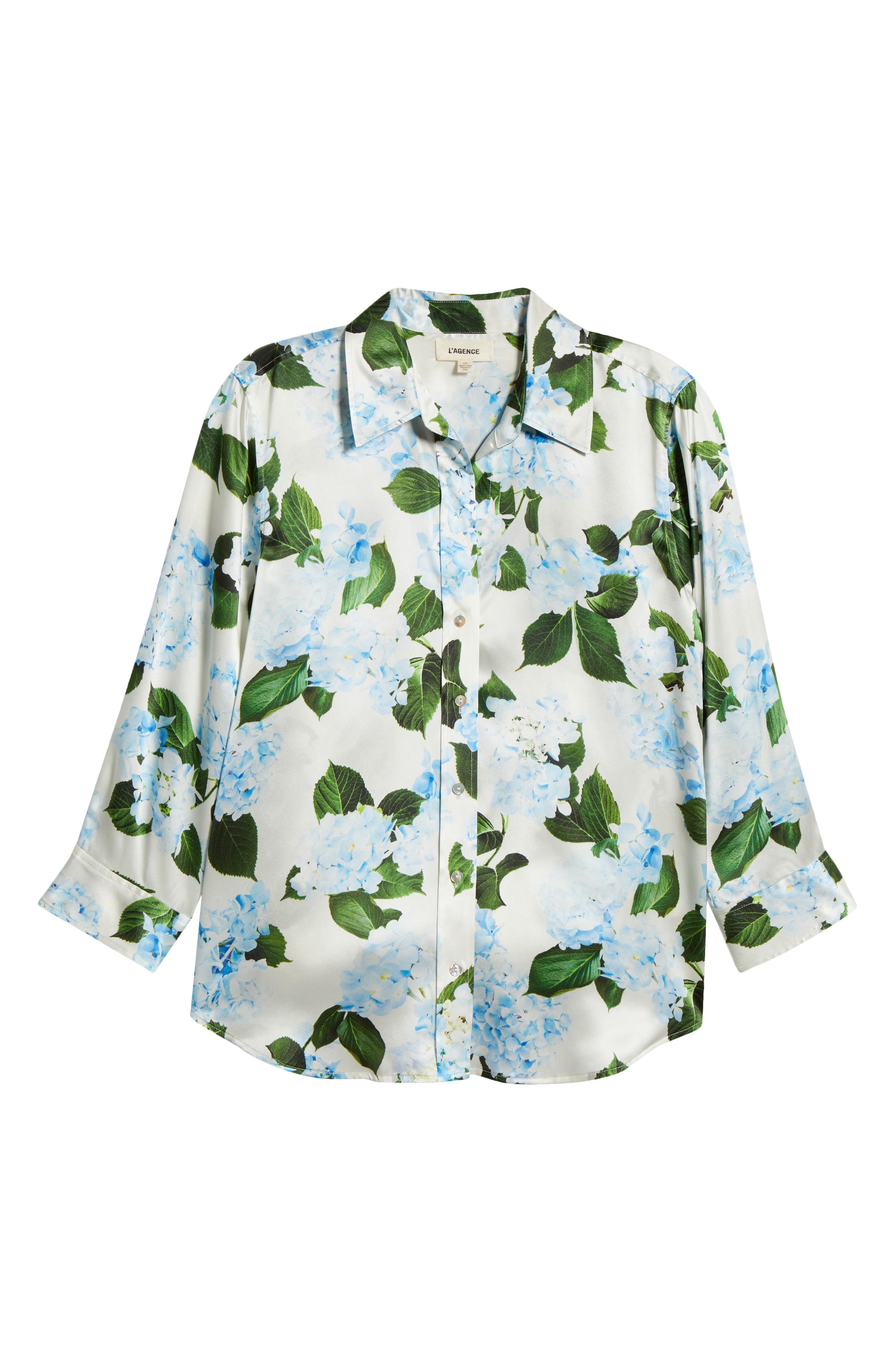 L'AGENCE Dani Floral Three-Quarter Sleeve Silk Button-Up Shirt in Ivory/Light Blue Hydrangea at Nord - 5