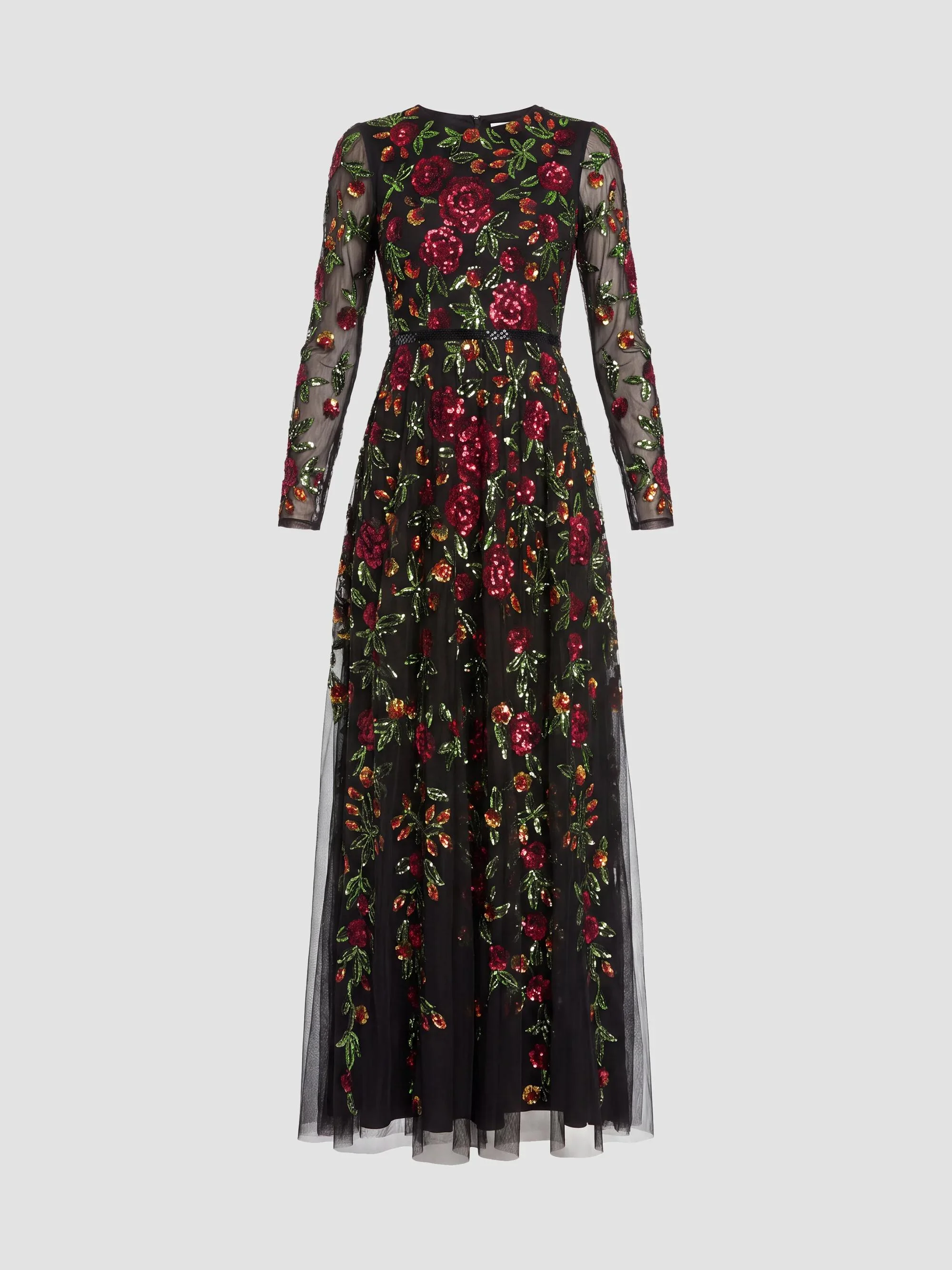 Women's Embroidered Beaded Mesh A-Line Gown - Black Multi - 1