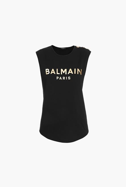 Black cotton T-shirt with gold Balmain logo print - 1