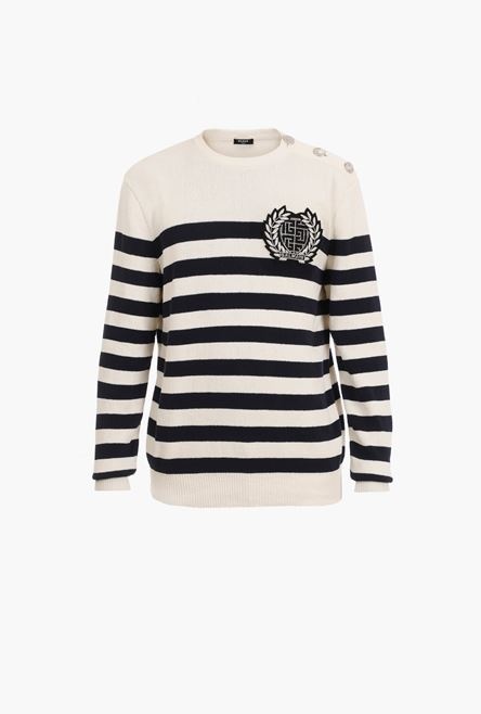 Ecru and black cotton nautical sweater with embroidered Balmain badge - 1