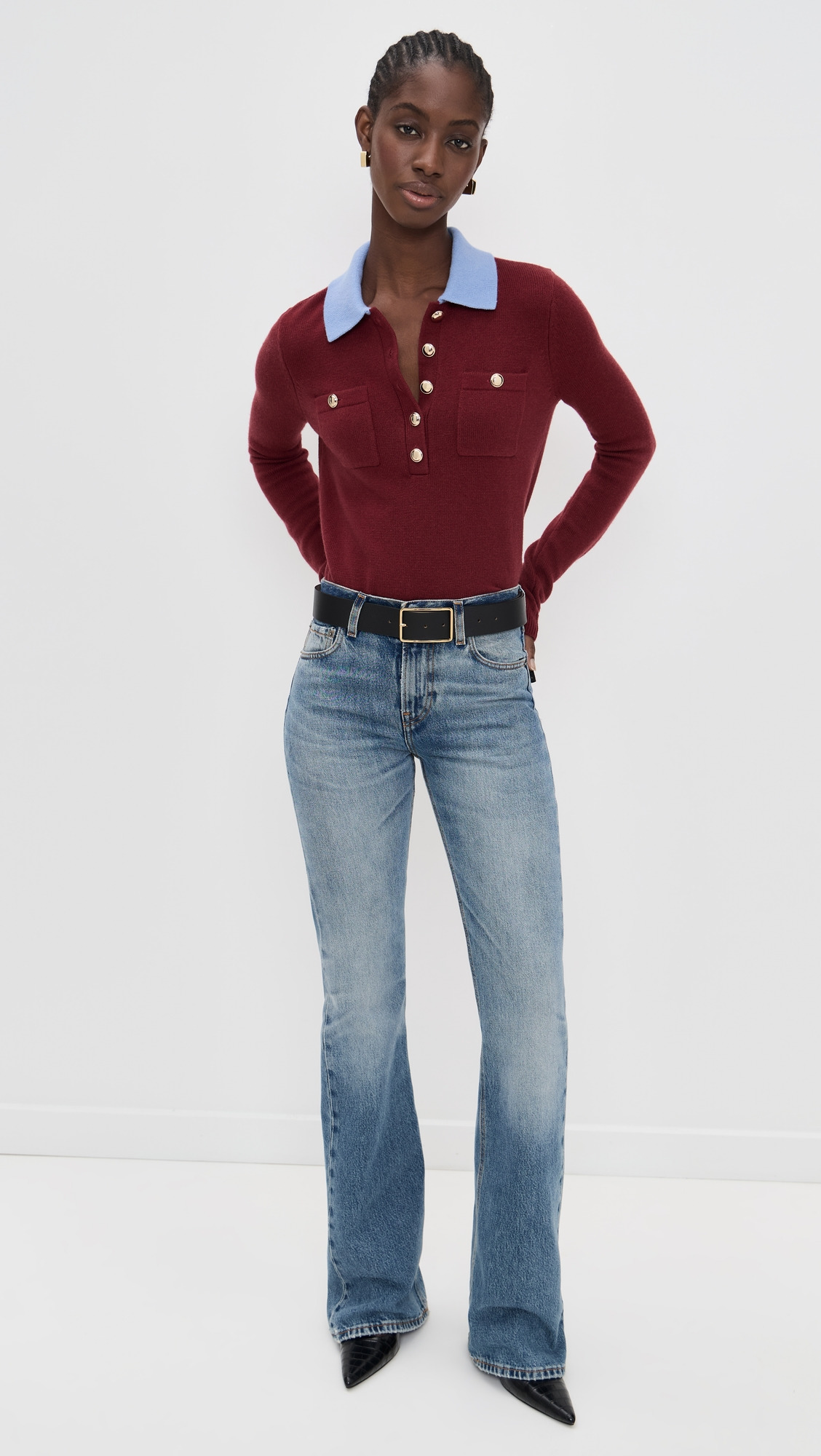 Burgundy Contrast Collar Knit Top - 4
