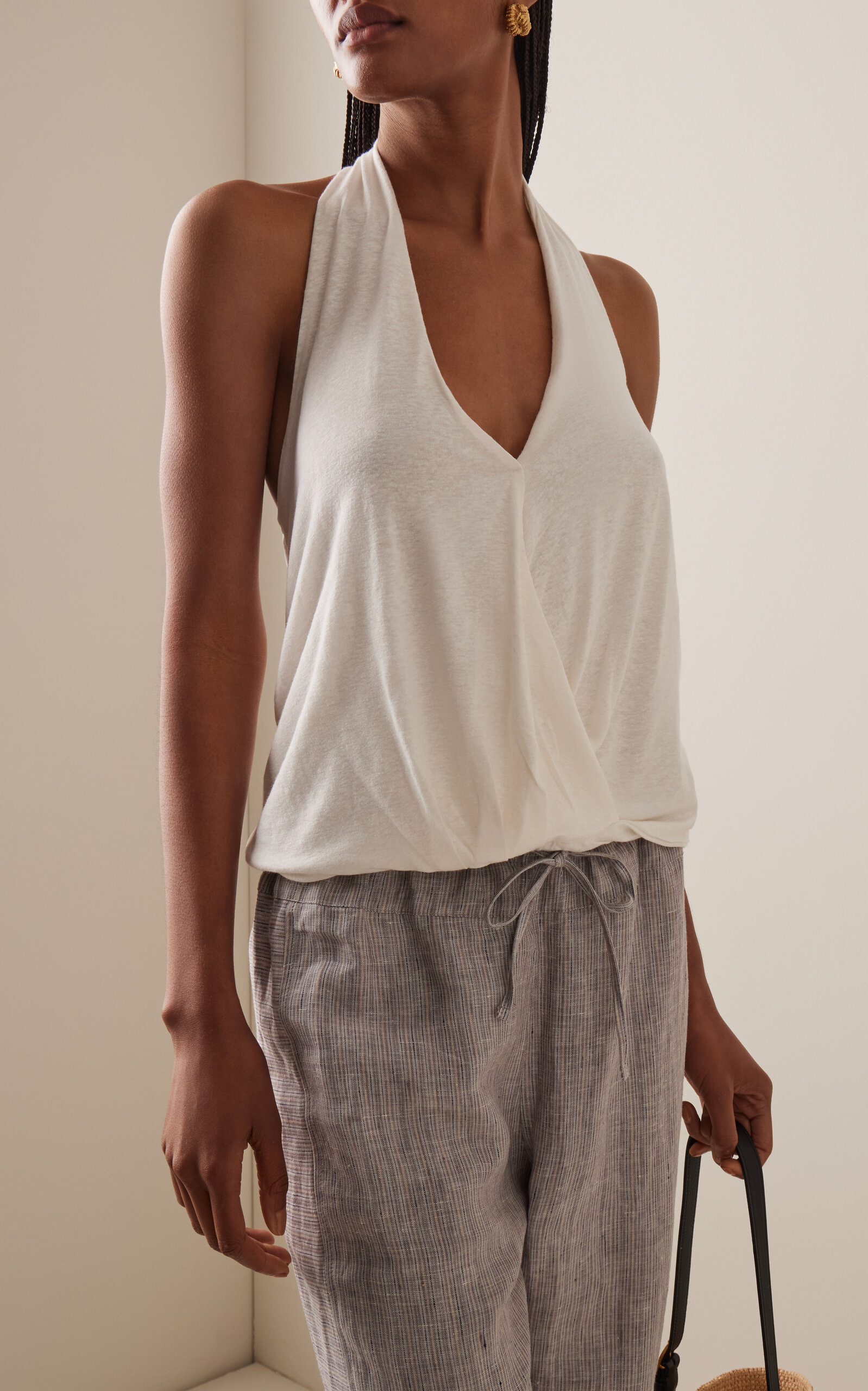 Linen-Blend Jersey Wrap Halter Top white - 2