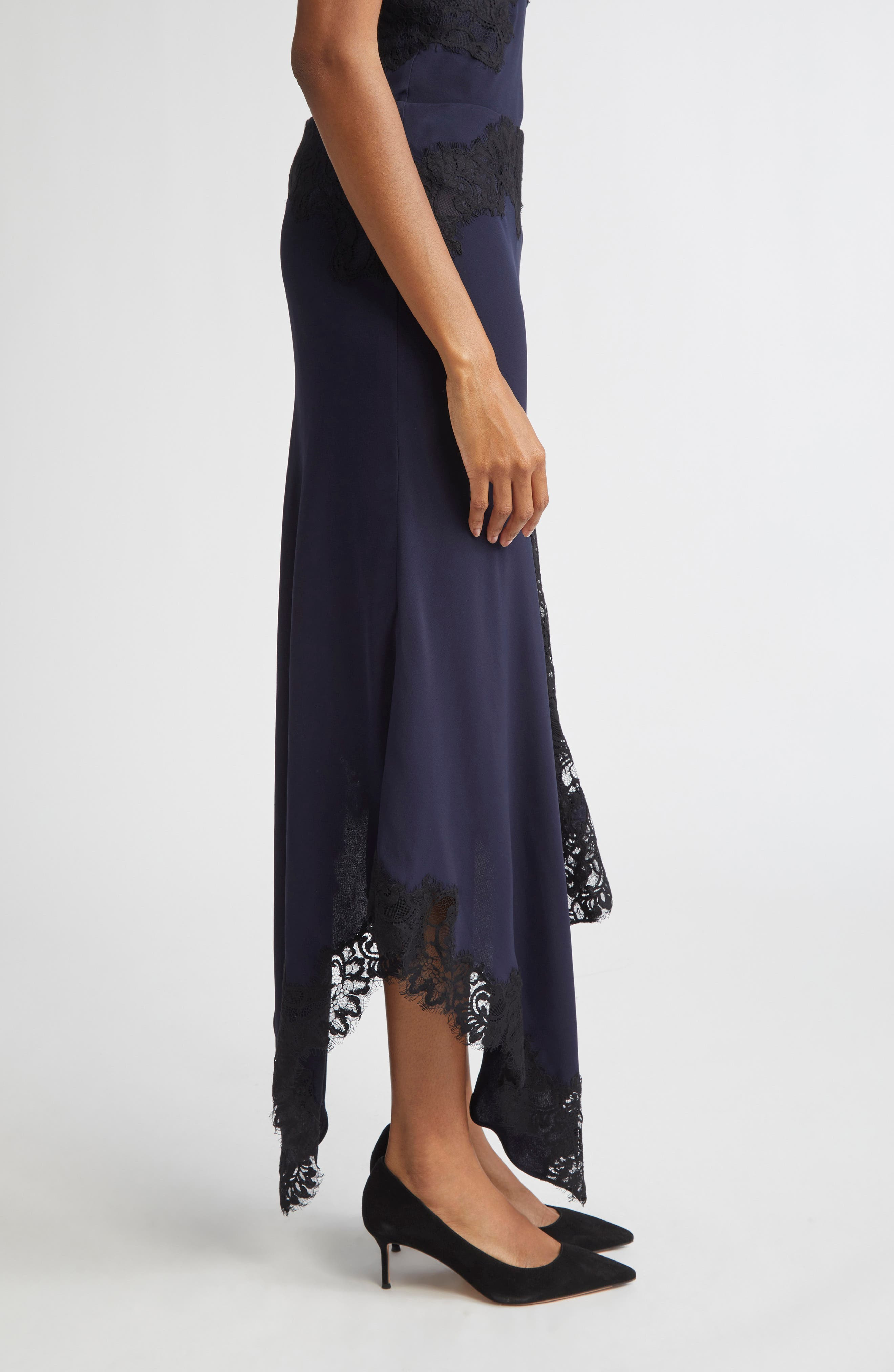 Veronica Beard Hartley Lace Detail Asymmetric Slip Skirt in Navy at Nordstrom - 4