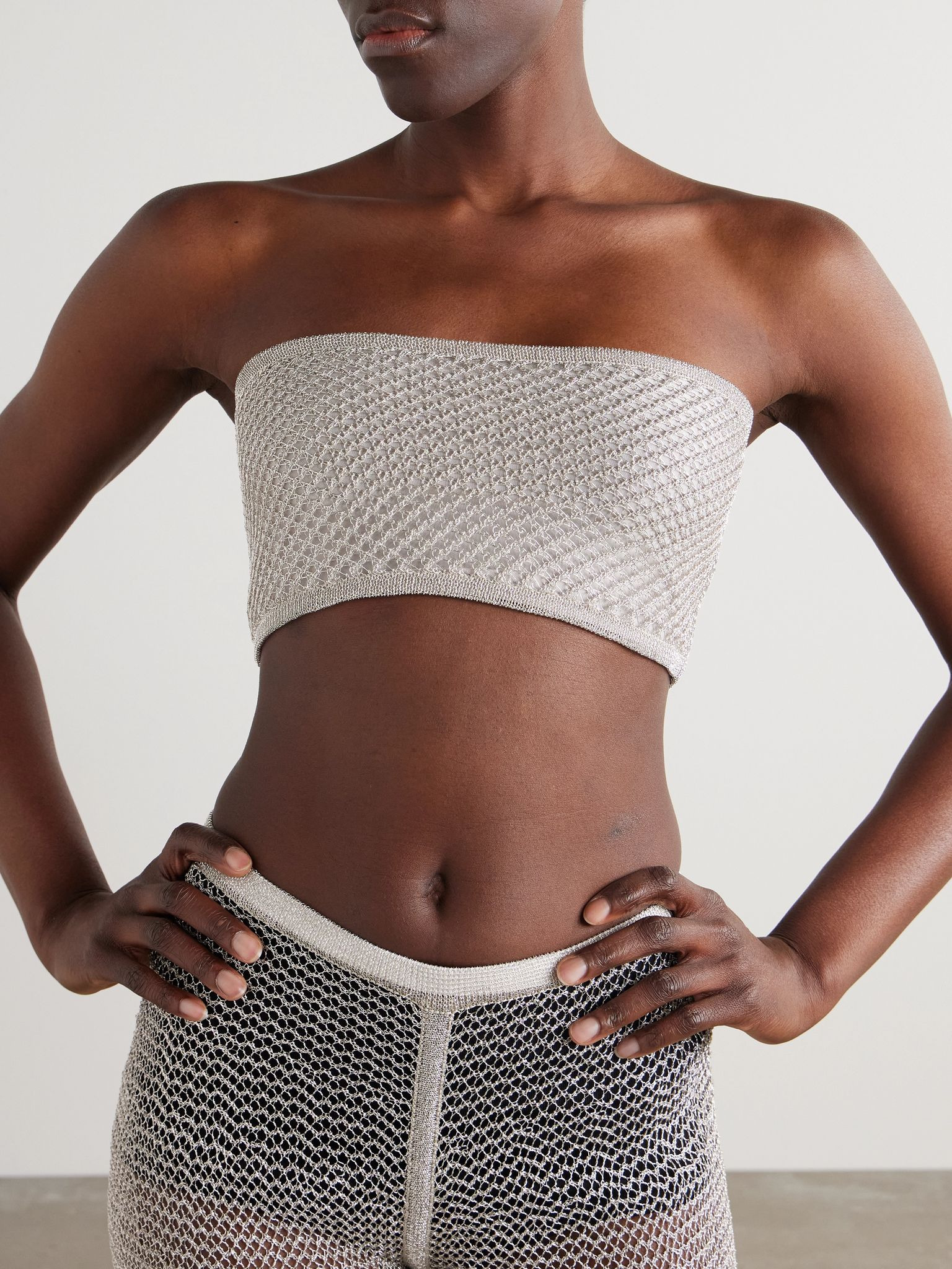 Cropped metallic open-knit bandeau top Silver - 3