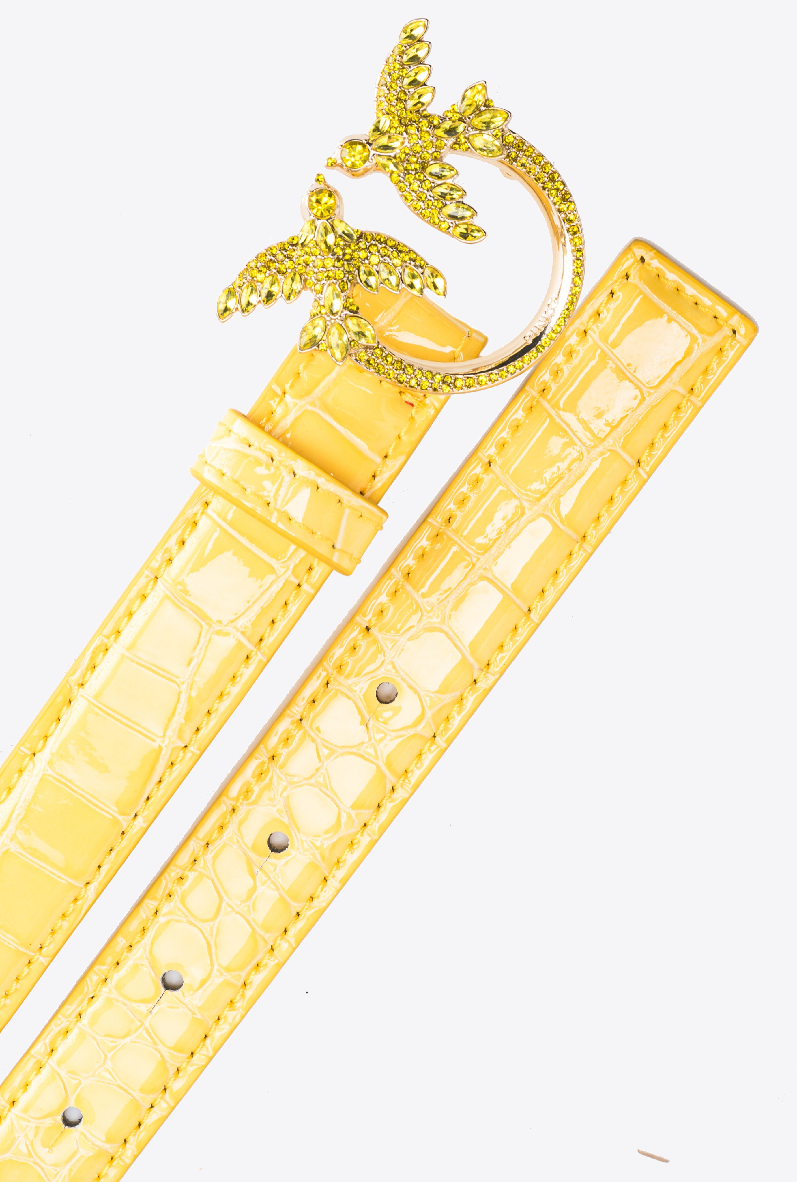 PINKO GALLERIA THIN 2CM SHINY COLOURED CROC-PRINT BELT WITH LOVE BIRDS BUCKLE - 4