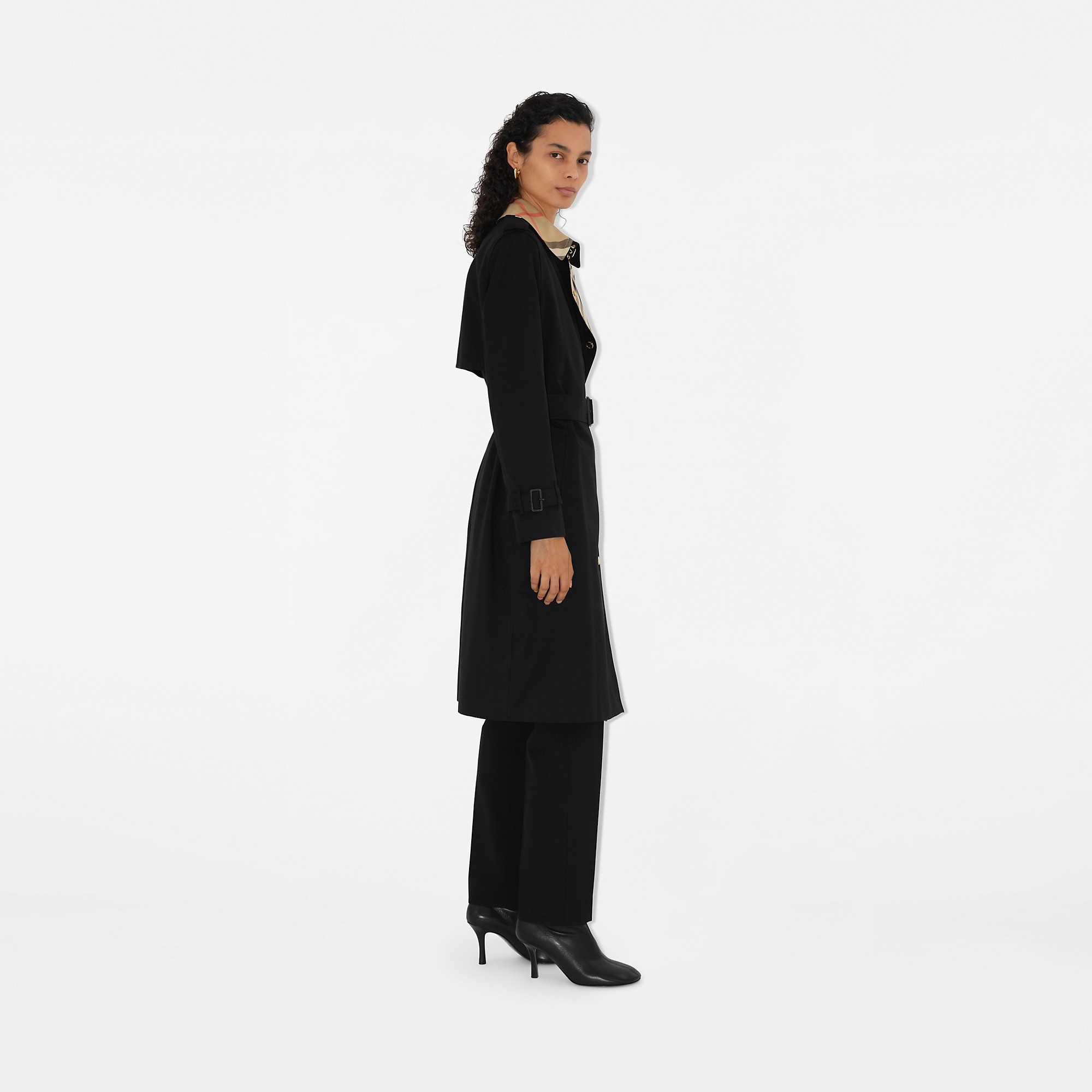 Long Check Collar Gabardine Trench Coat - 3