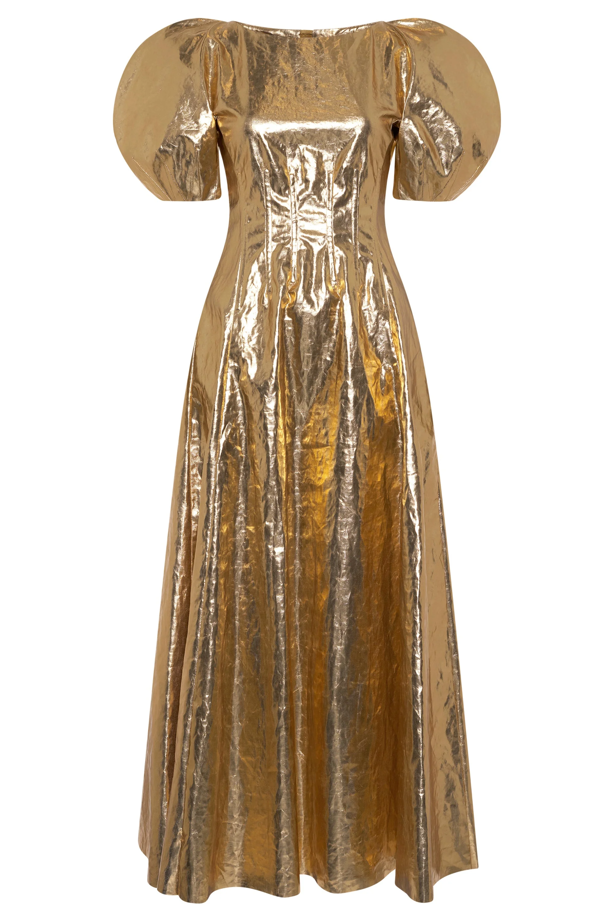 Ranya Puff Sleeve Maxi Dress in Metallic Gold Linen Twill - 1