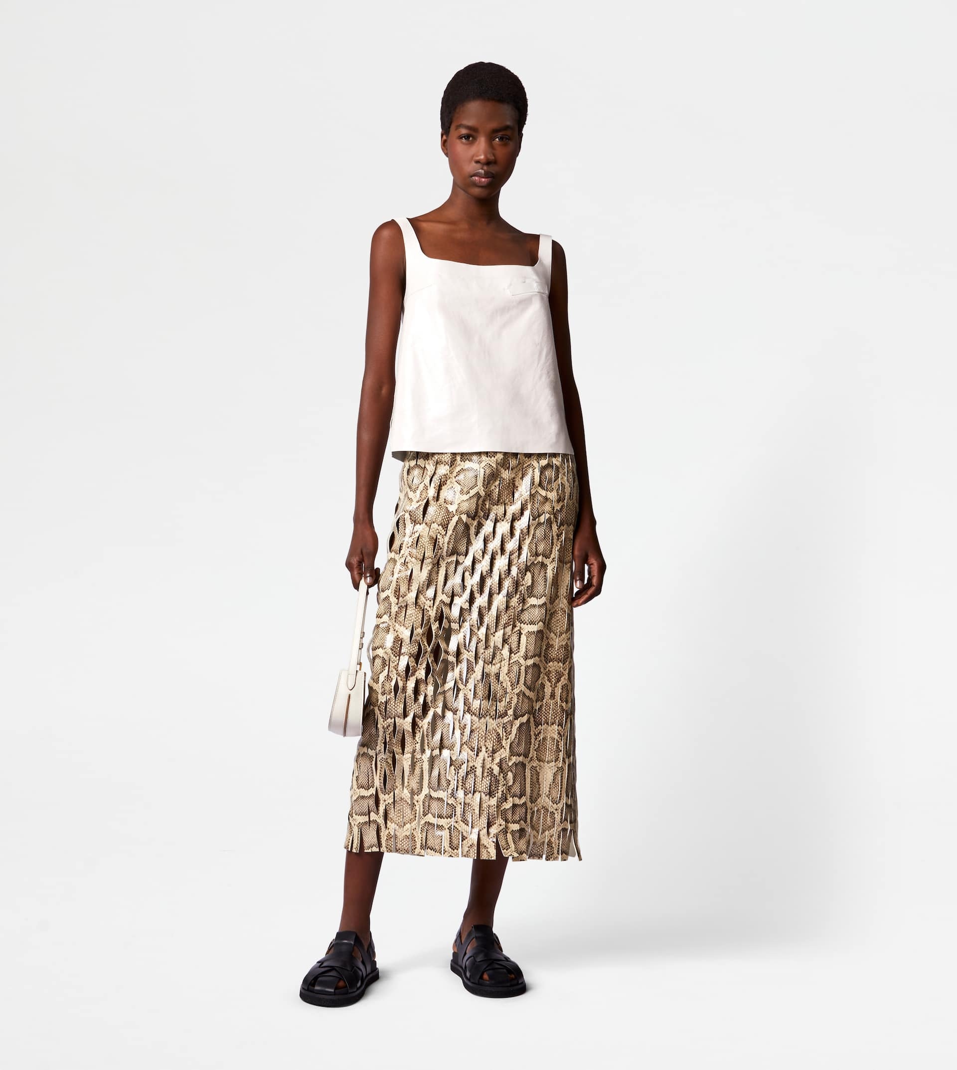 MIDI-SKIRT IN REPTILE PRINT LEATHER - BEIGE, BLACK - 2