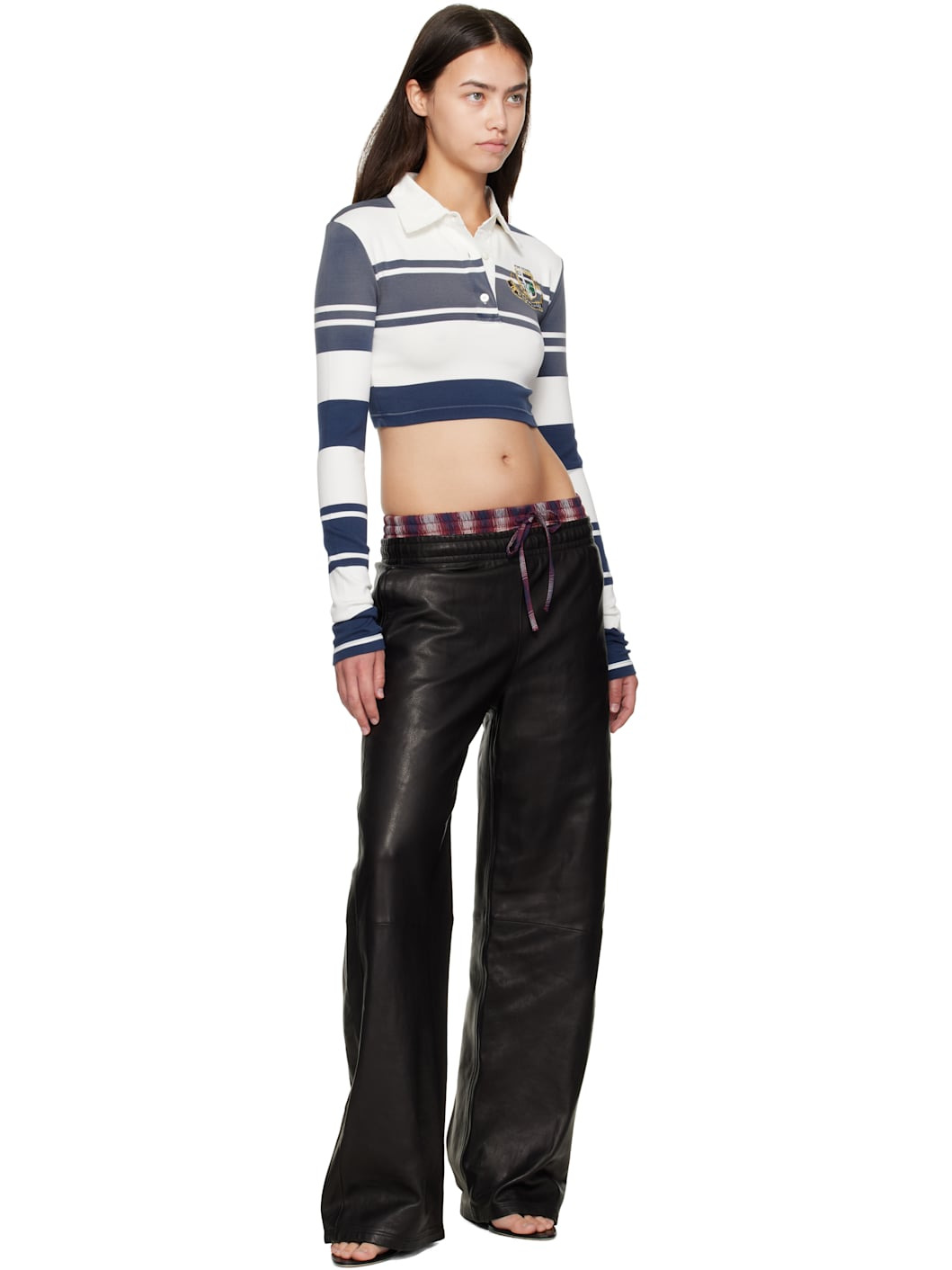Navy & White Cropped Long Sleeve Polo - 4