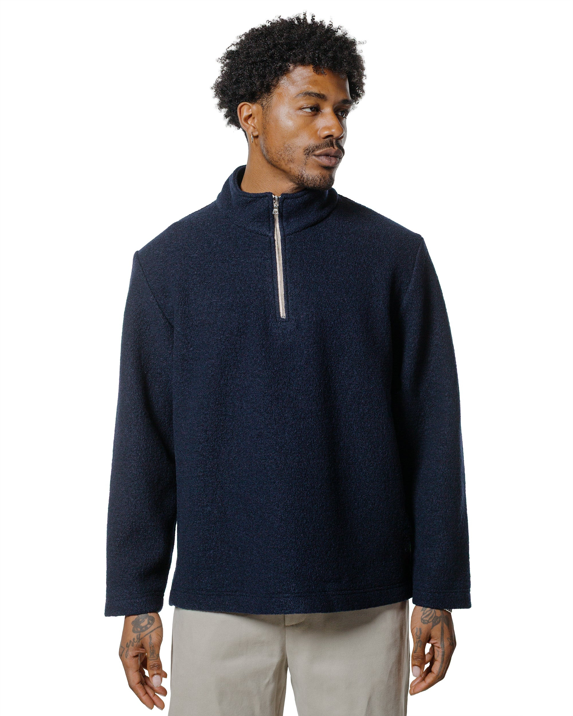 Half Ziped Pullover Boiled Wool Blue Green - 2