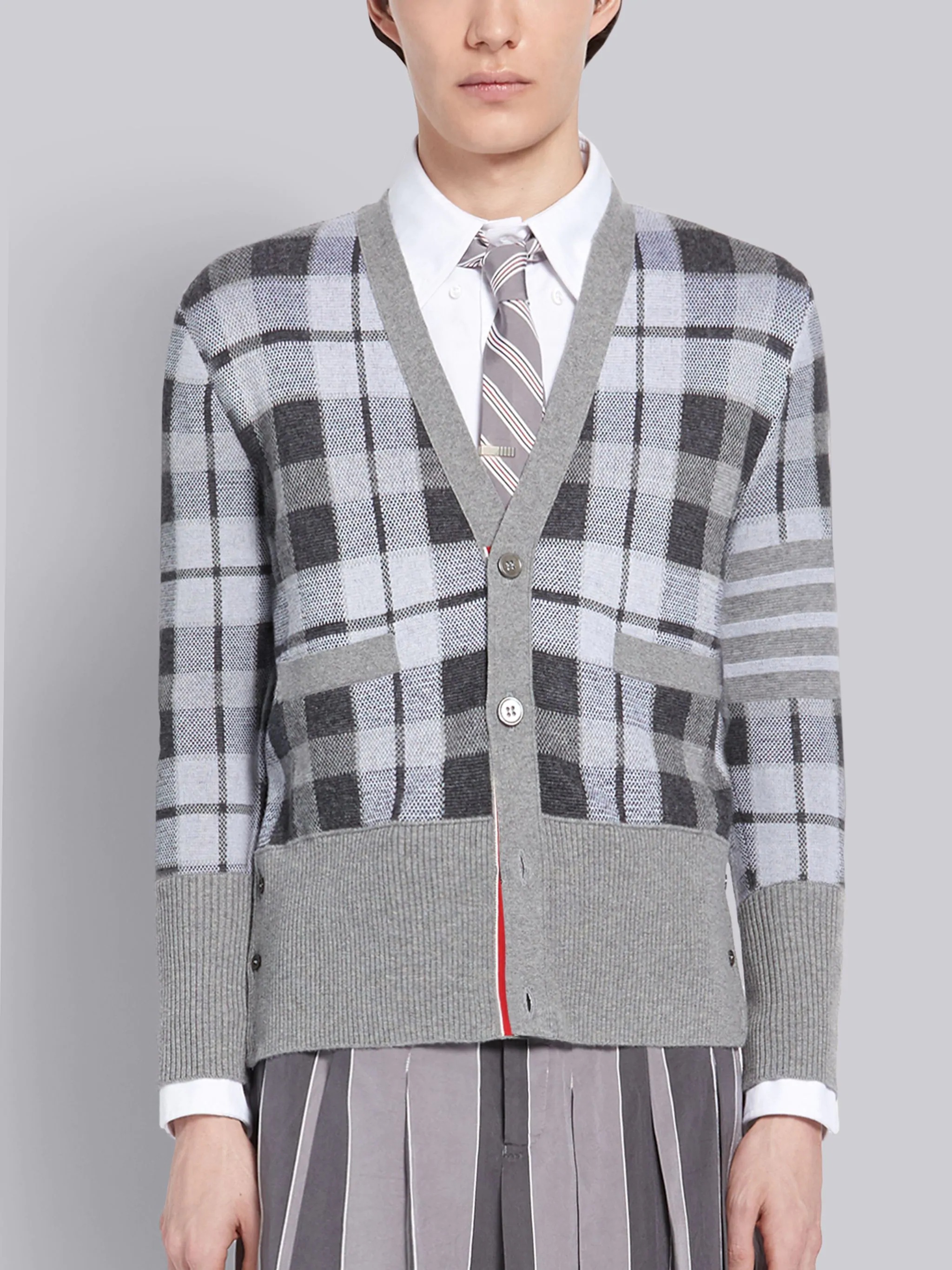 Medium Grey Cashmere Tartan Check Jacquard V-neck 4-Bar Cardigan - 1