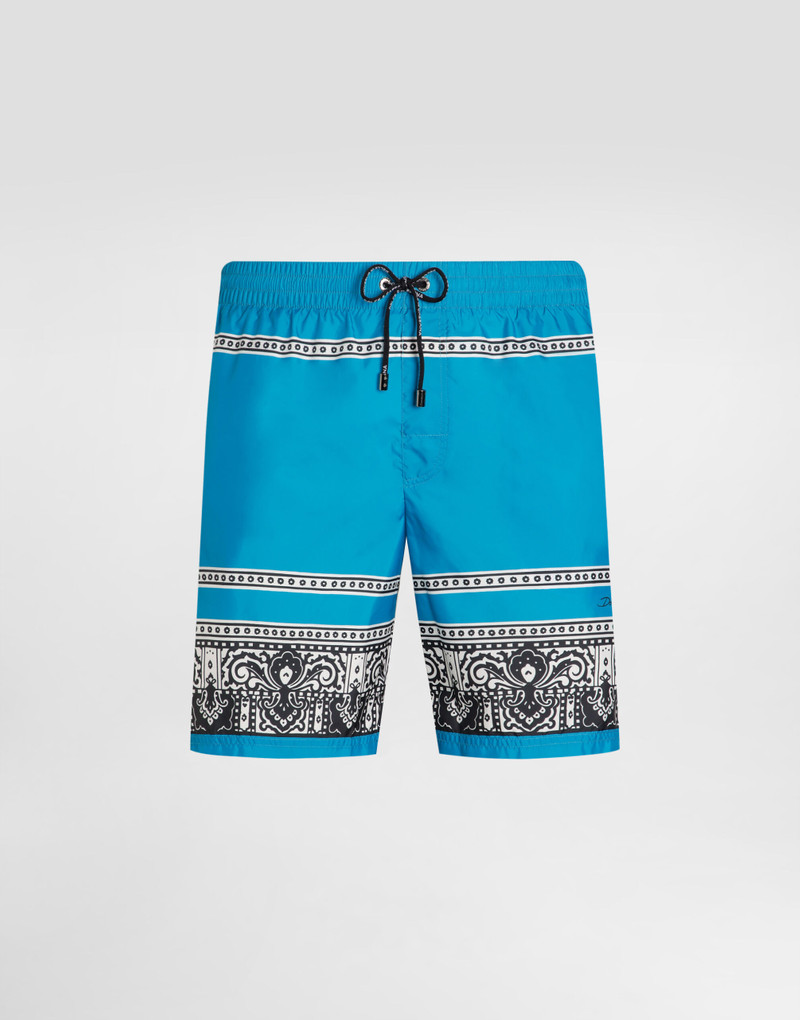 Mid-length swim trunks with bandanna print 1