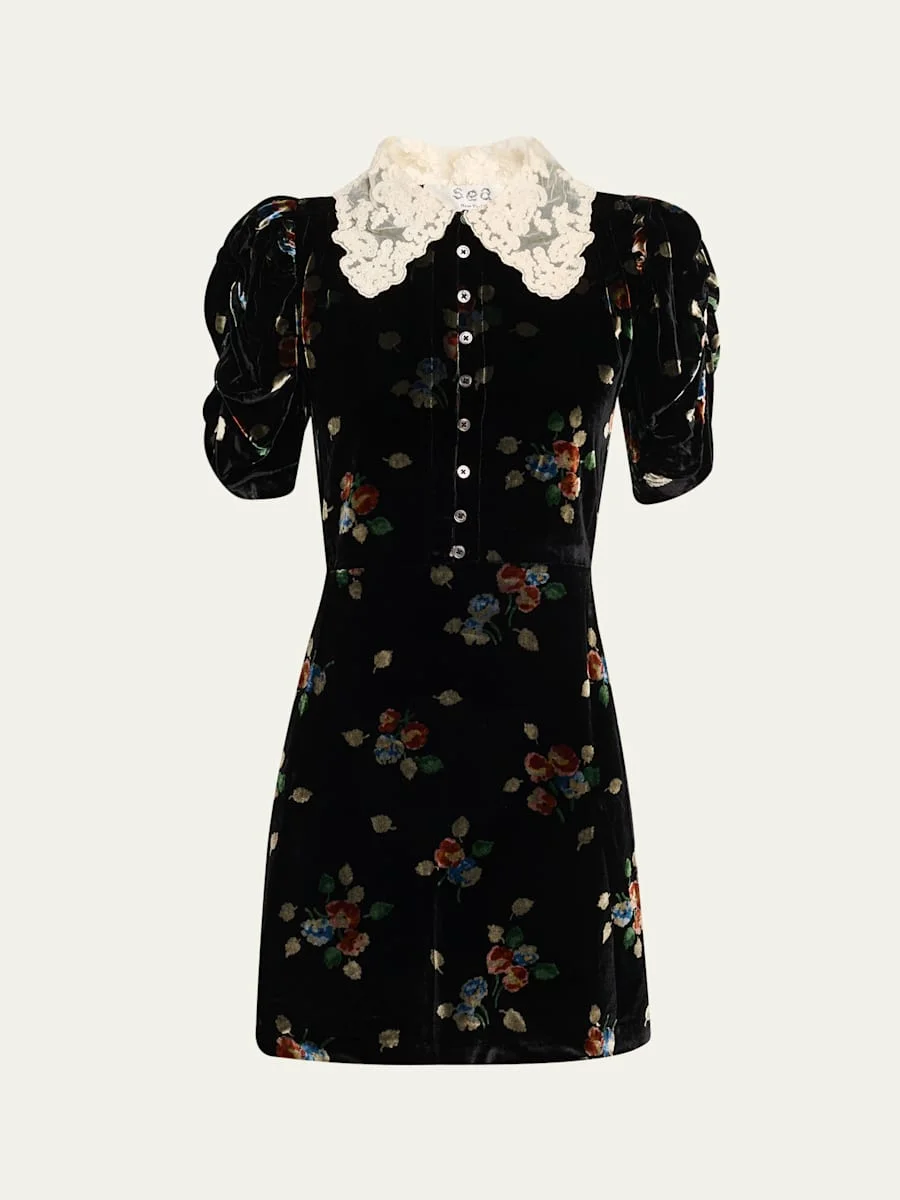 Leda Floral Burnout Velvet Mini Dress - 1