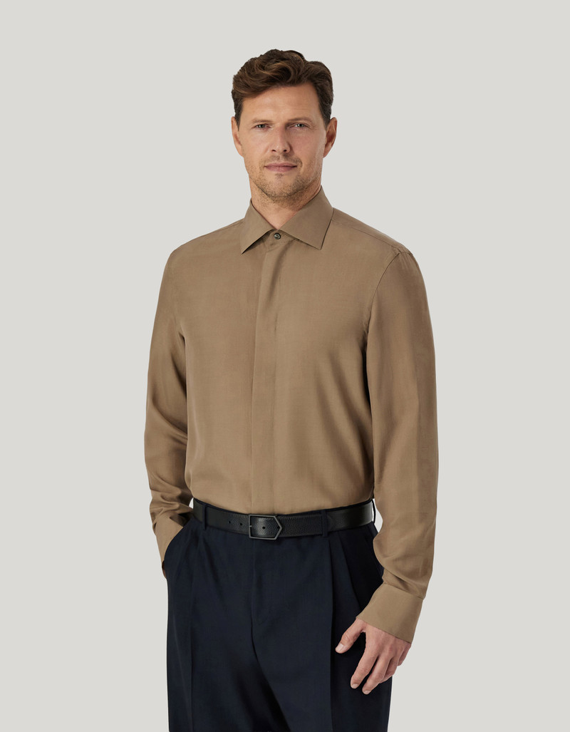 Canali REGULAR FIT SHIRT IN BROWN SILK outlook