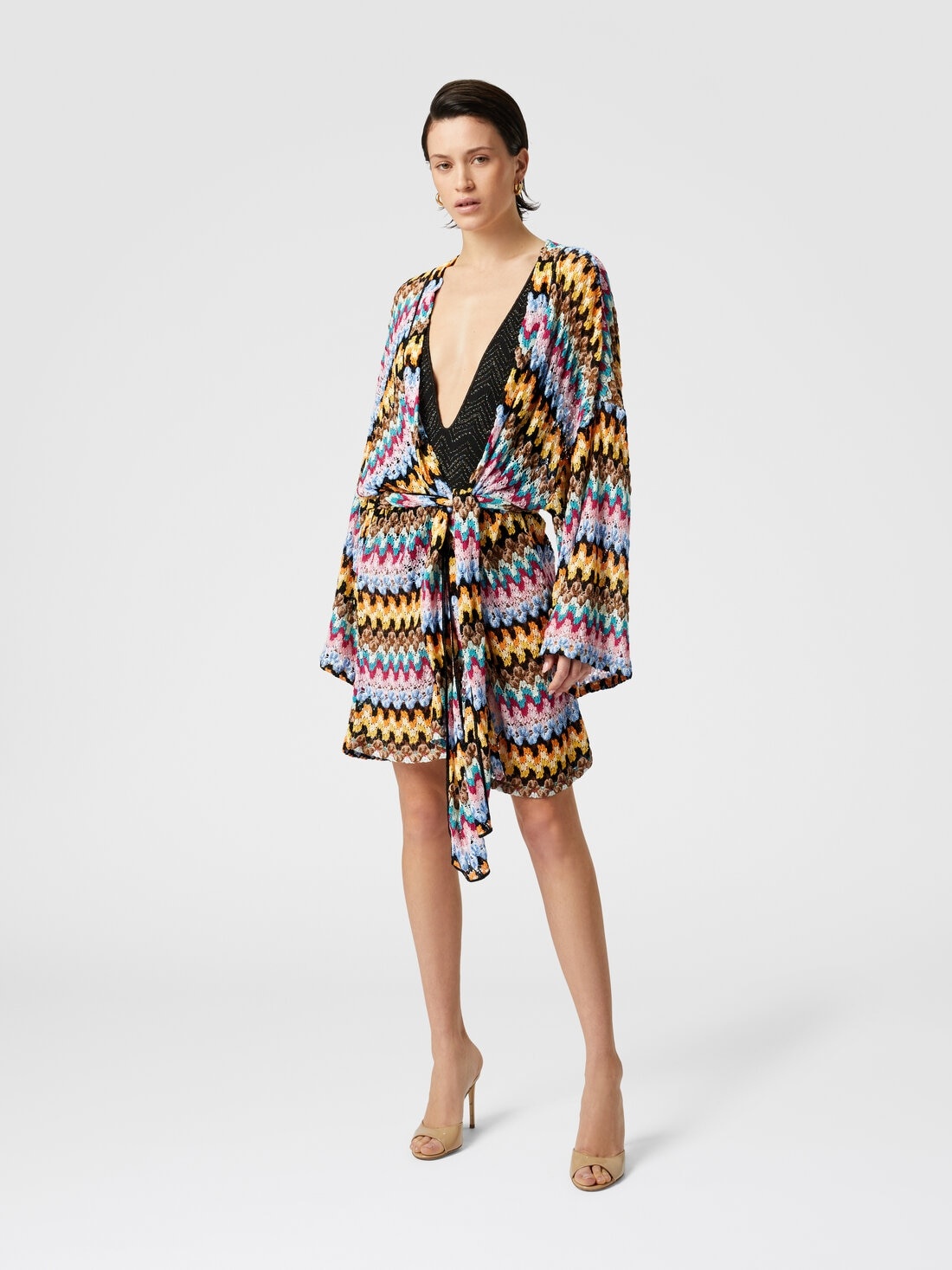 Kimono cover-up in lamé viscose lace with belt - 2