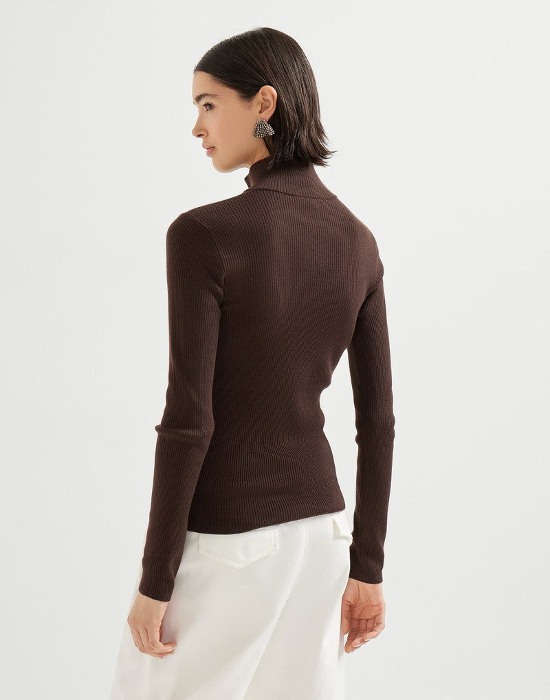 Brunello Cucinelli Virgin wool and cashmere rib lightweight turtleneck sweater with precious half zip outlook