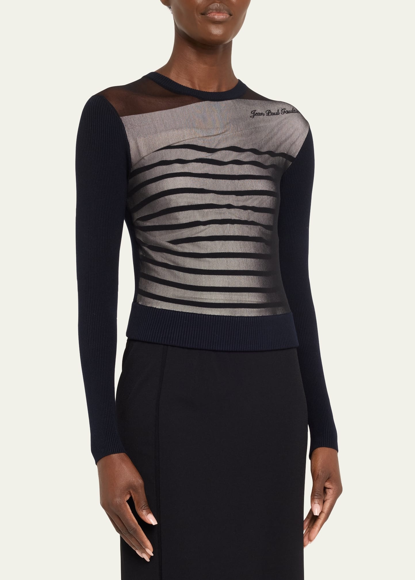 Mesh Layered Crewneck Rib Mariniere Sweater - 3