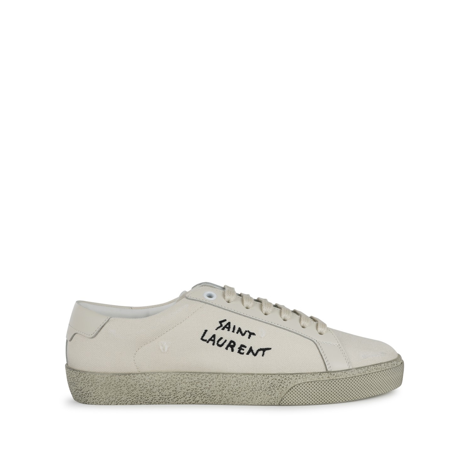 WHITE AND BLACK LEATHER AND CANVAS SNEAKERS - 1