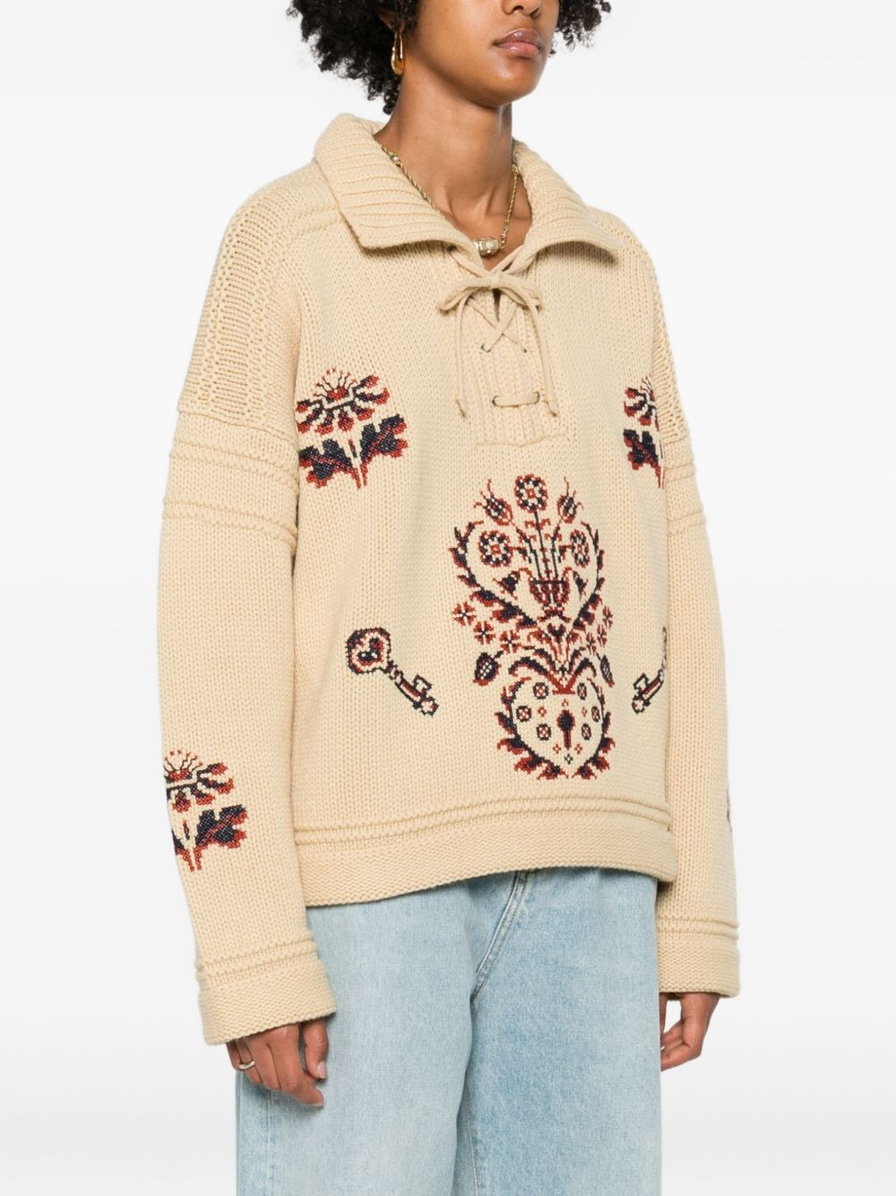 lace-up embroidered sweater - 3