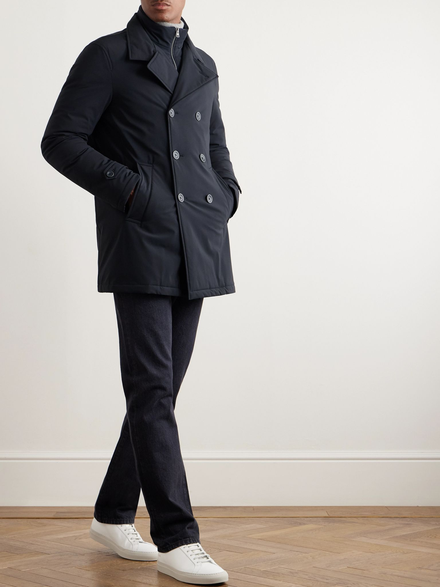 Double-Breasted Padded Stretch-Shell Down Peacoat Navy - 2