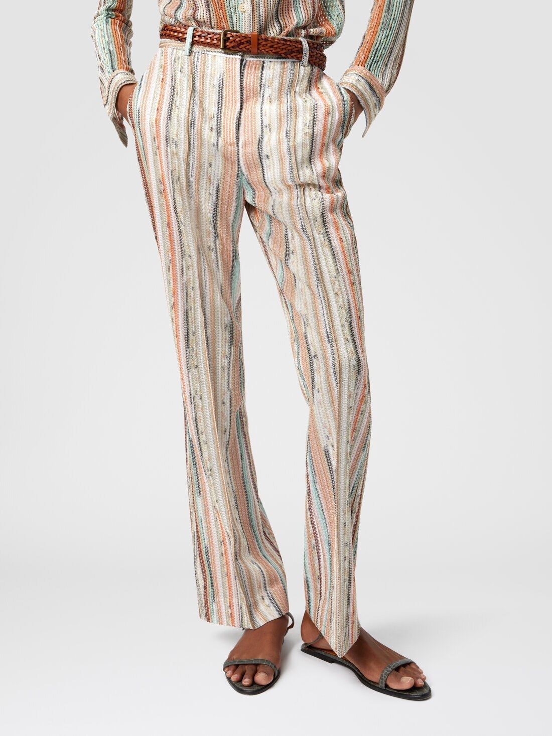 Classic trousers in striped lamé slub viscose with cropped hem - 4