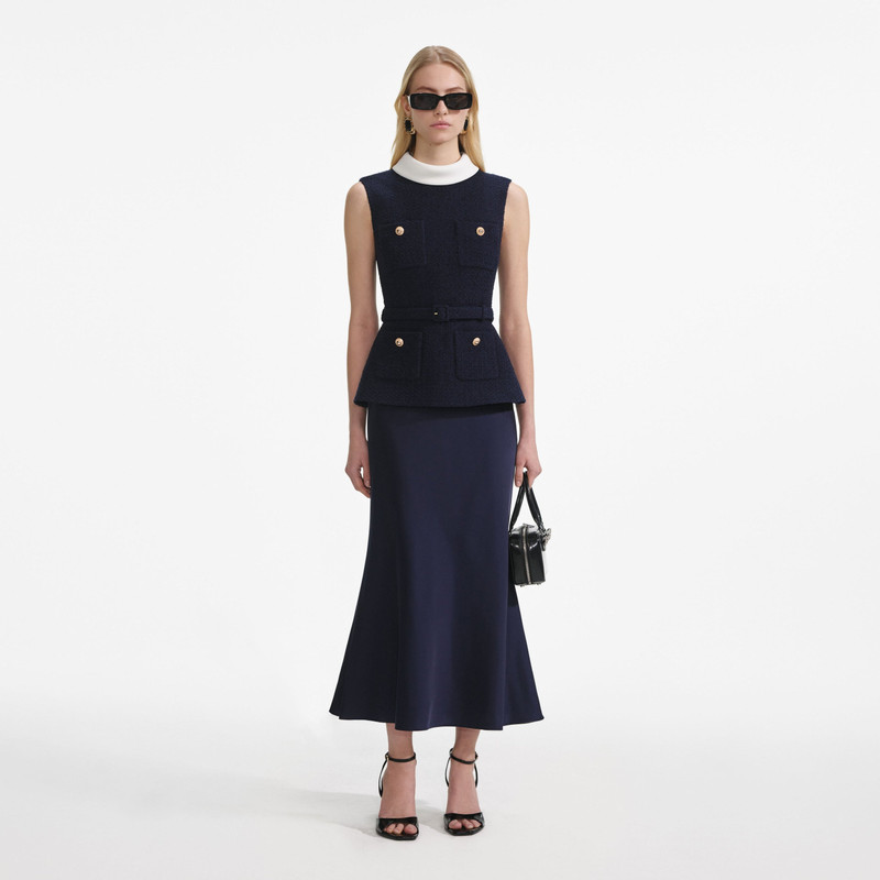 Navy Boucle Sleeveless Midi Dress - 1