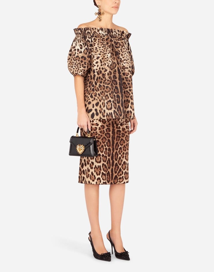 Leopard-print charmeuse calf-length pencil skirt - 6