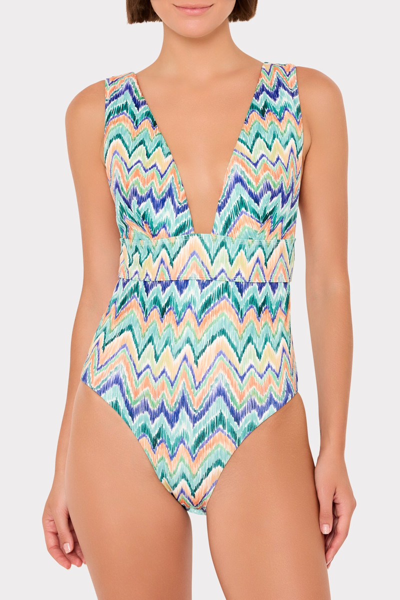 MILLY Tropical Chevron V-Neck One Piece outlook