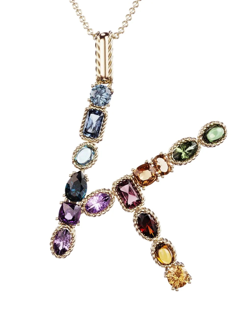 18kt yellow gold initial K gemstone necklace - 2