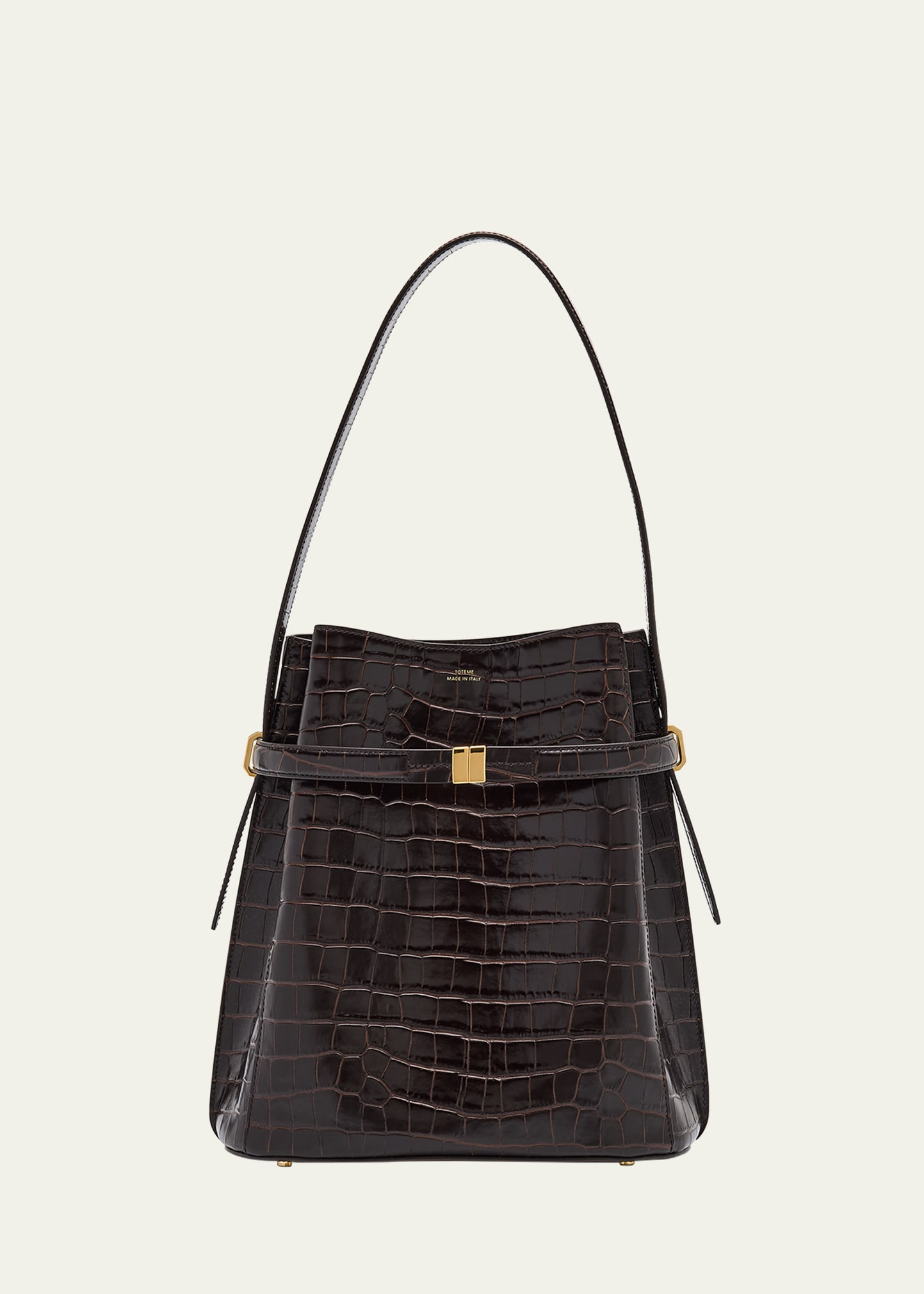Belted Croc-Embossed Leather Bucket Bag - 1