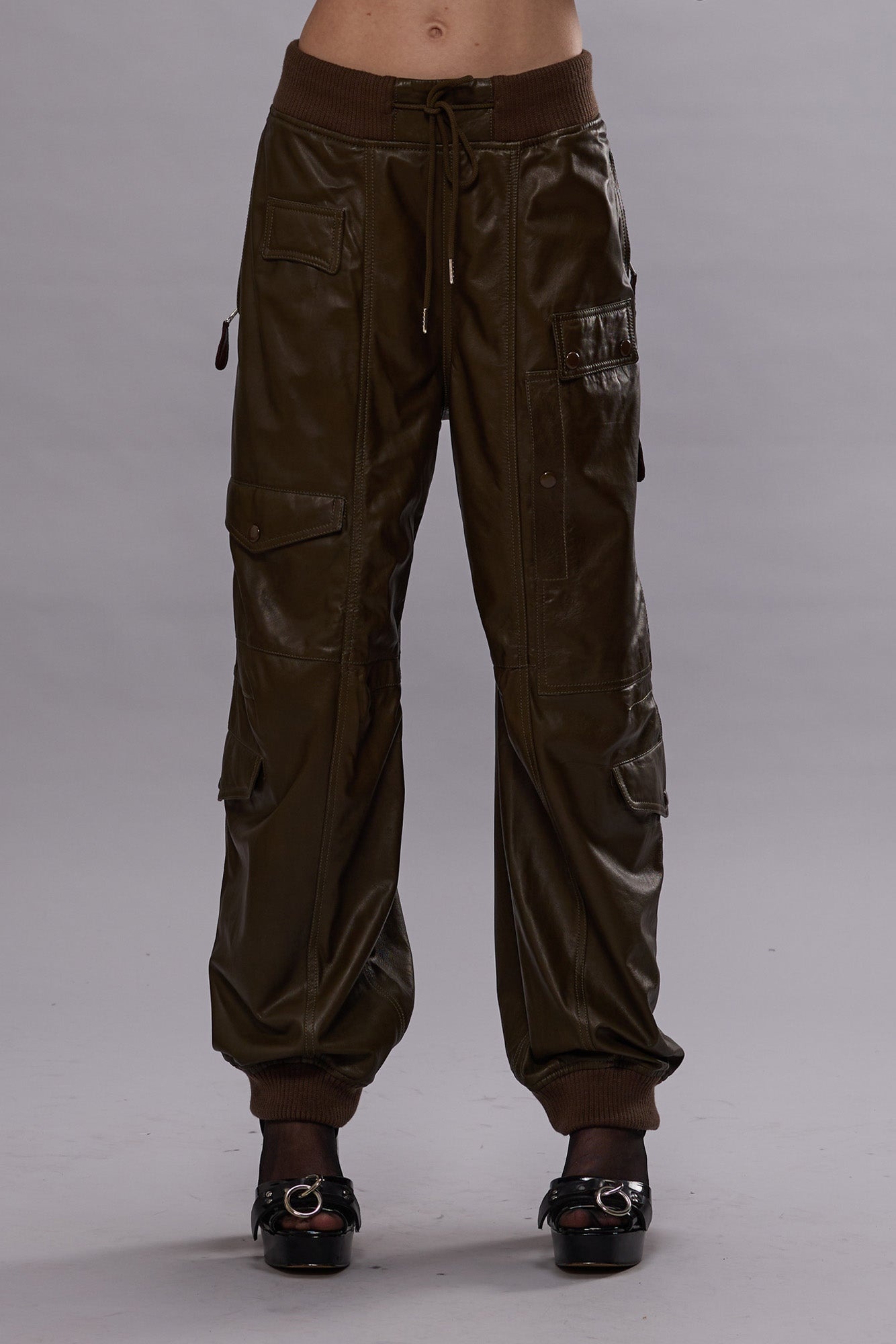 MULTIPOCKET BALLOON LEATHER PANT - OLIVE - 2