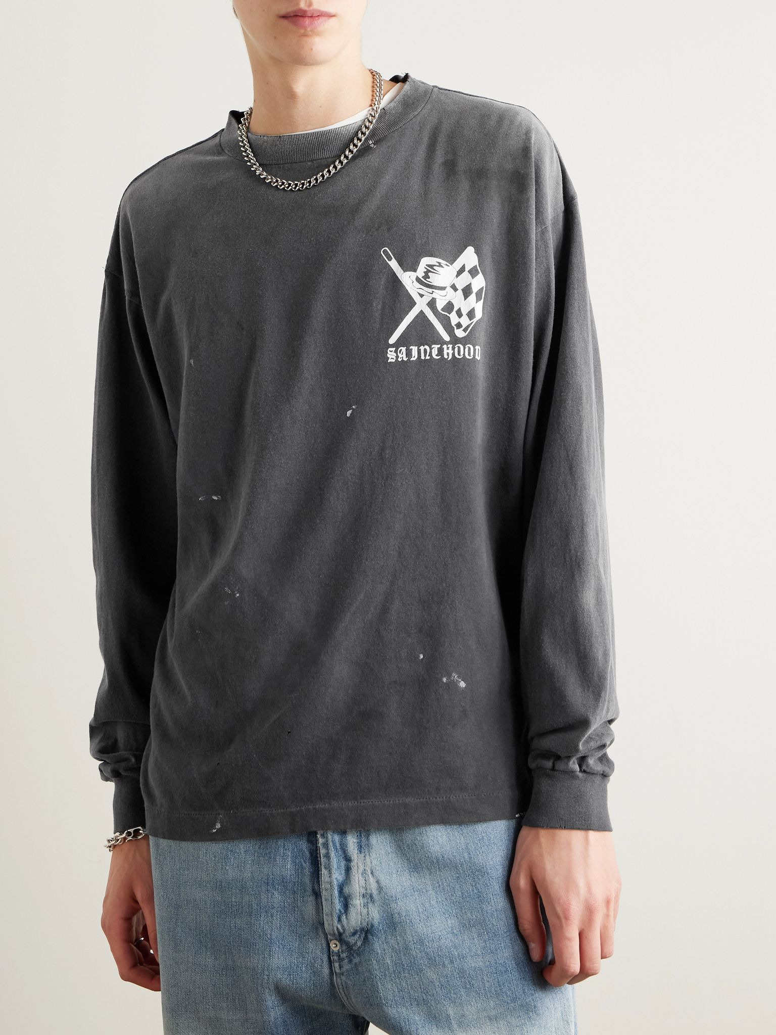 + Neighborhood Speed Kills Distressed Logo-Print Cotton-Jersey T-Shirt Black - 3