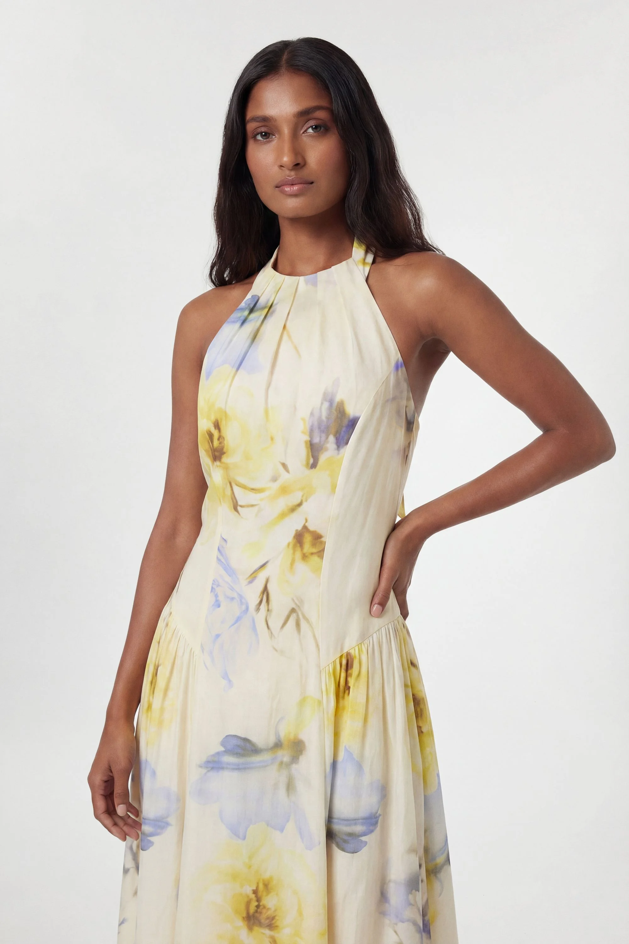 Blue Floral Strappy Halter Neck Woven Midi Dress - 1