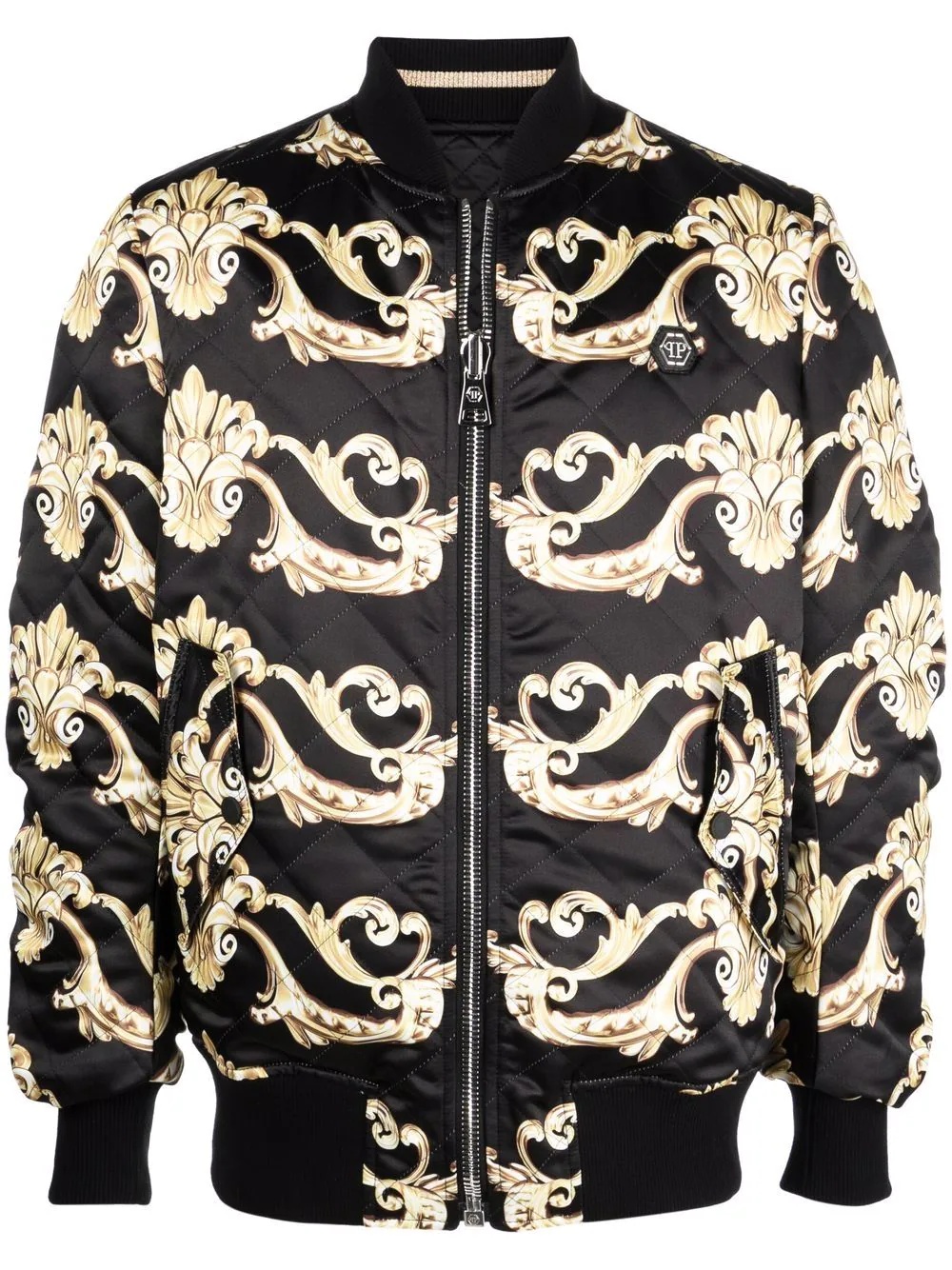 Gothic-print quilted bomber jacket - 1