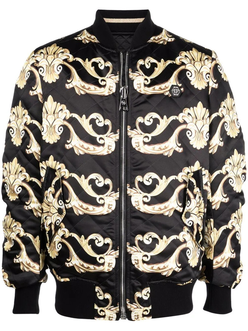 Gothic-print quilted bomber jacket 1