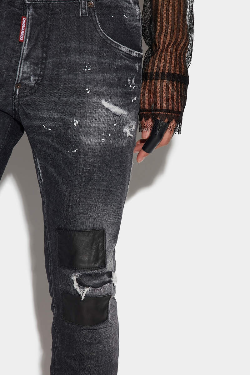 BLACK RIPPED LEATHER WASH SKATER JEANS 4