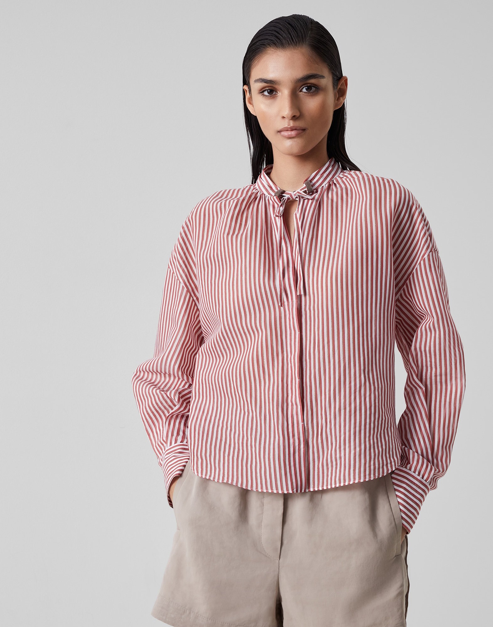 Sparkling cotton and silk striped shirt with shiny details - 1