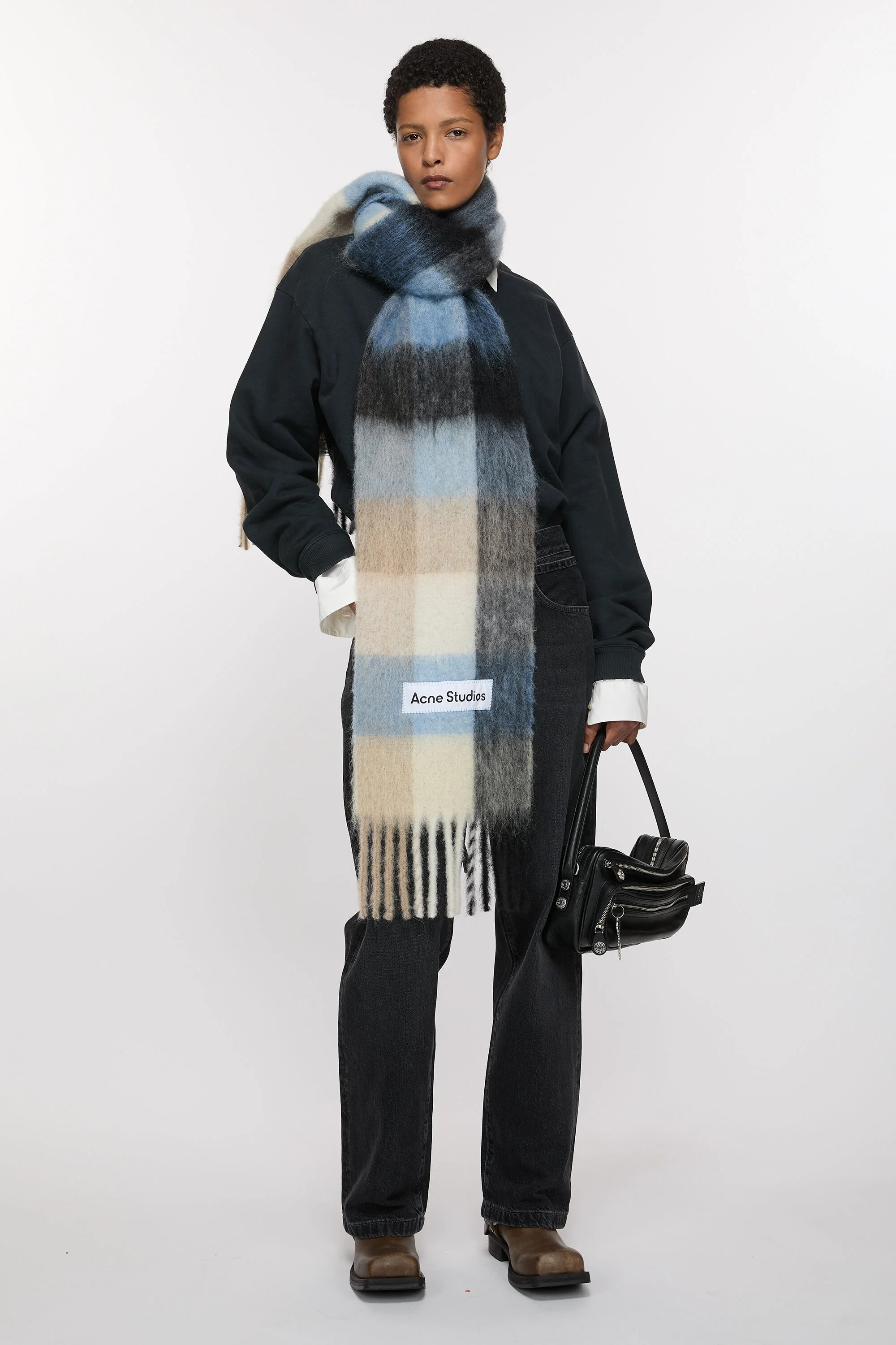 Mohair checked scarf - Blue/beige/black - 2